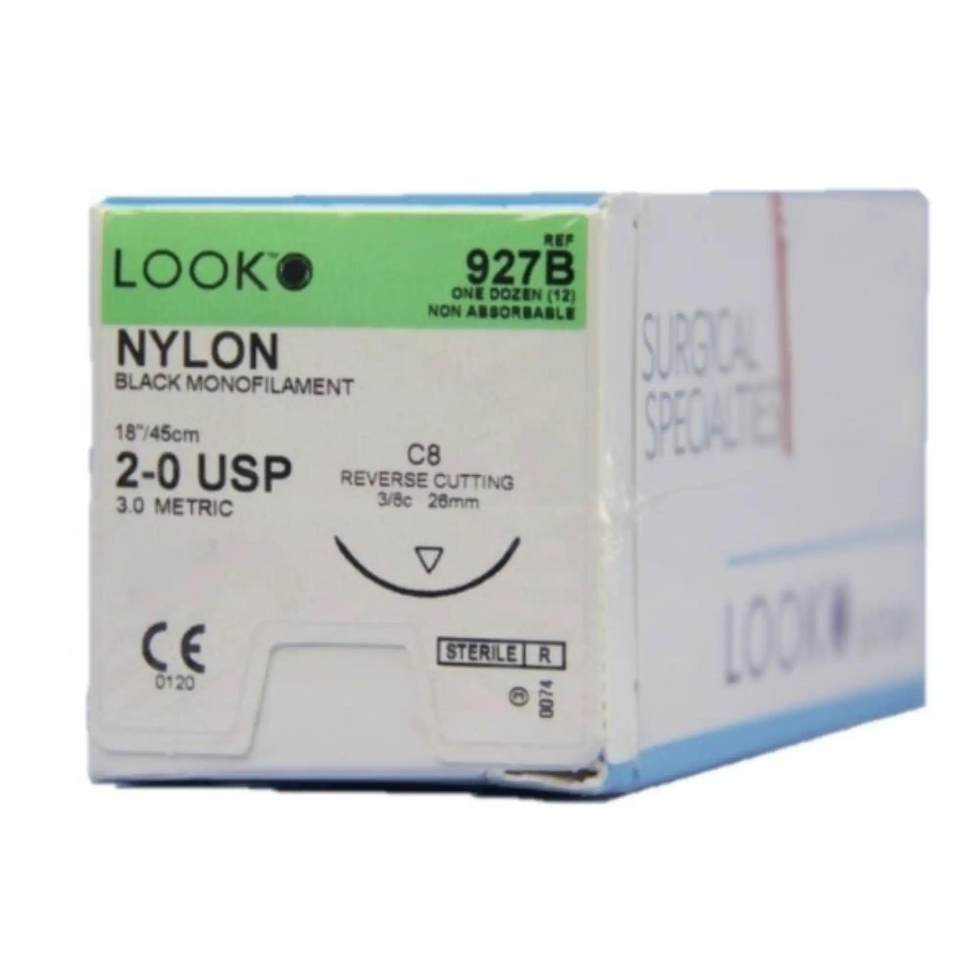 Look Nylon Suture (Polyamide), 2-0, Black, 18", C8 3/8 Circle Reverse Cutting 26mm