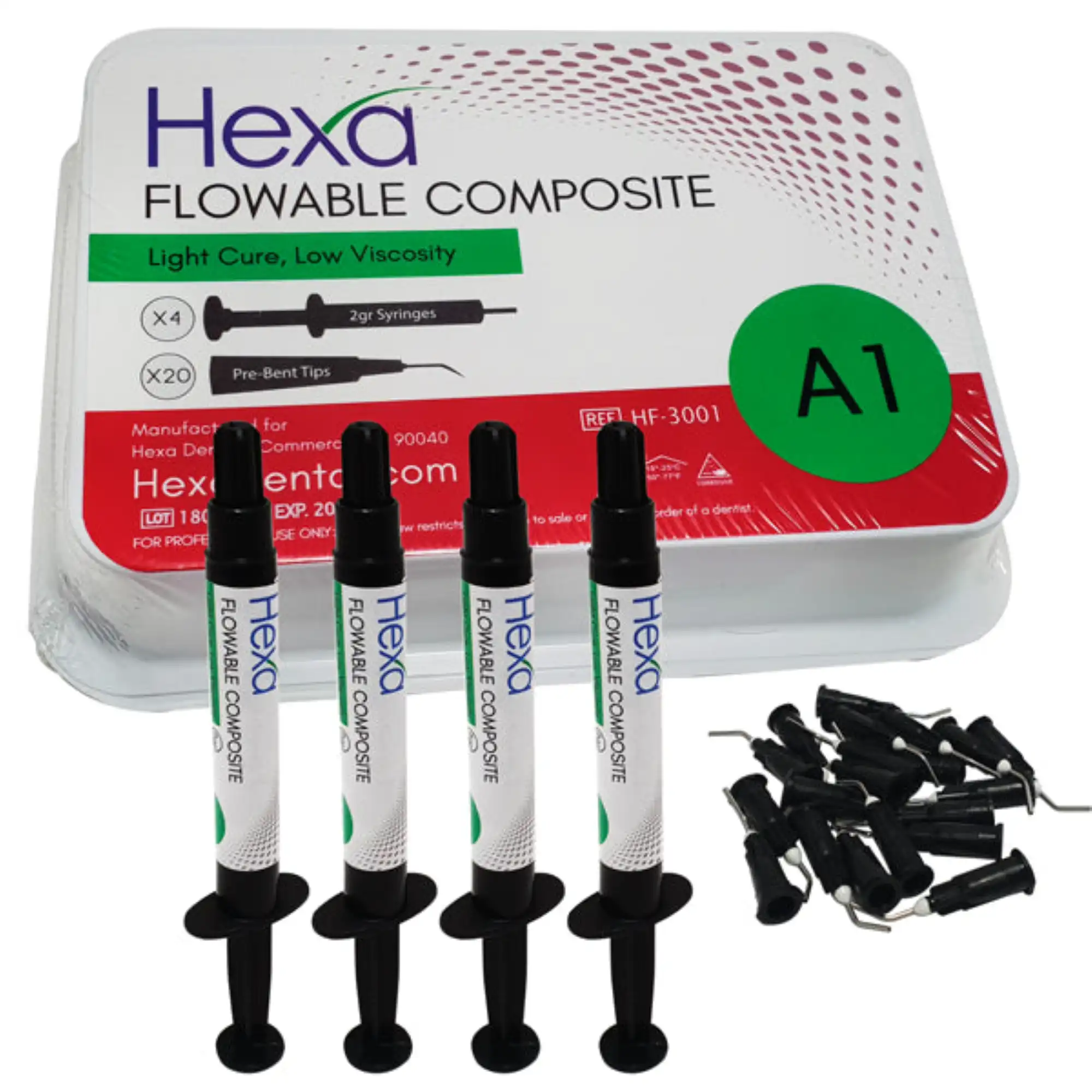 Hygedent Hexa Flowable Composite, Light-Cure, Low Viscosity, Shade A1, Kit of 4 x 2g Syringes with 20 Pre-Bent Tips, HF-3001