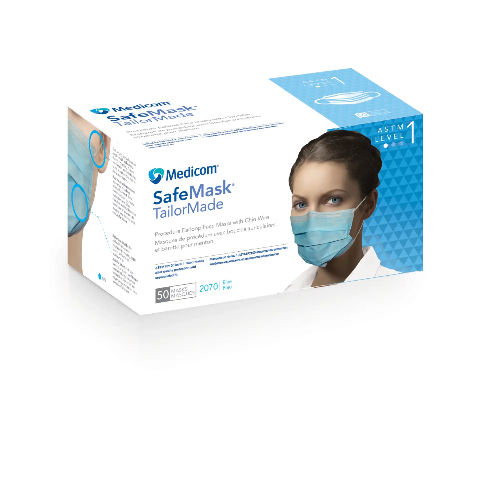 Medicom SafeMask TailorMade Earloop Face Mask, Level 1, Blue, 50/Pk, 2070