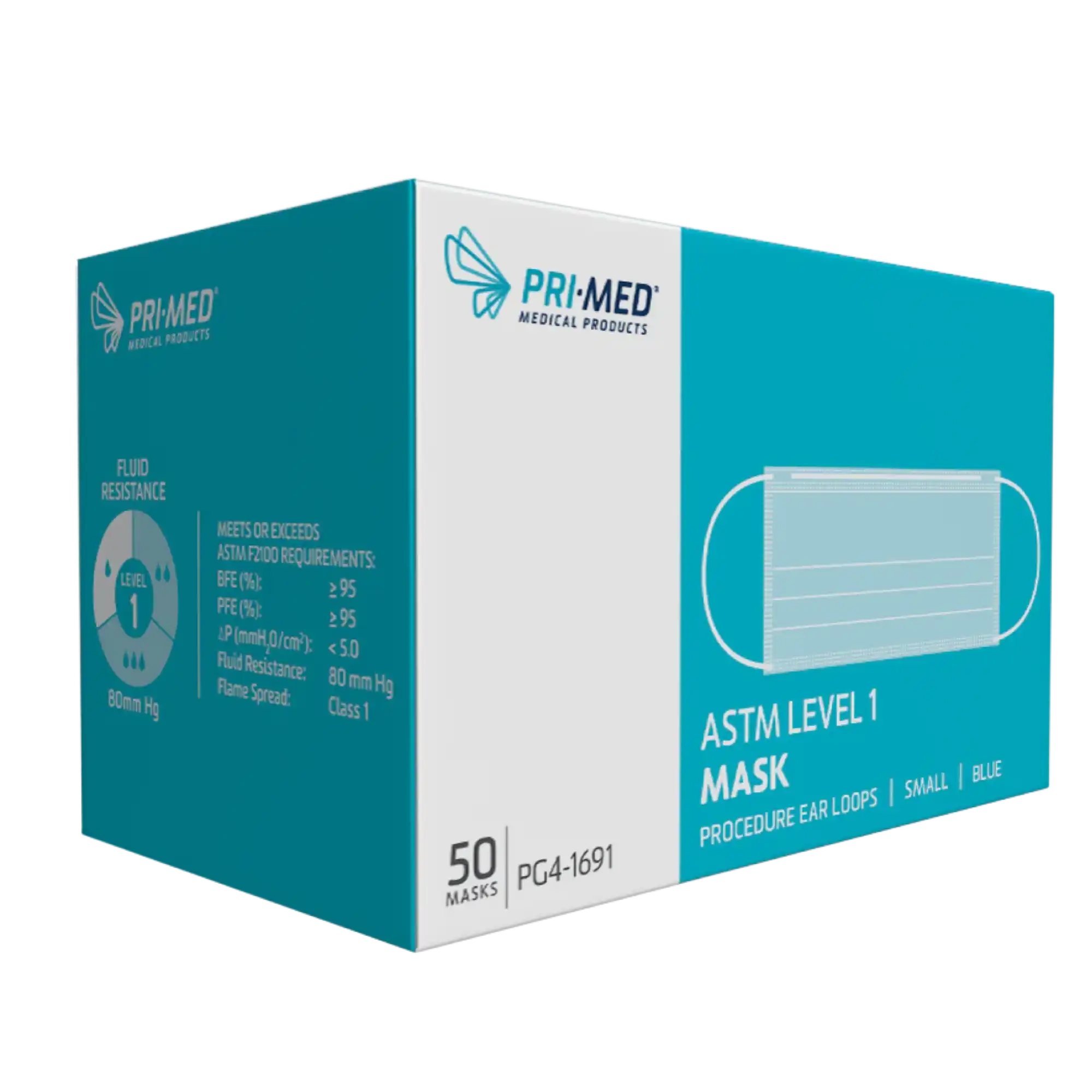 priMED Medical Products Earloop Mask, Small Earloops, ASTM Level 1, Blue, 50/Pack, PG4-1691