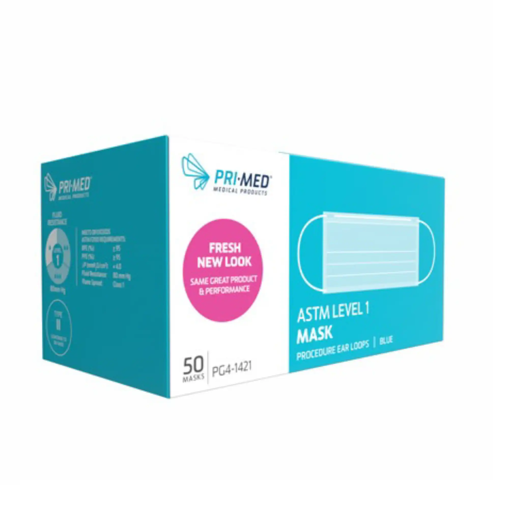 priMED Medical Products Earloop Mask, Long Earloops, ASTM Level 1, Blue, 50/Pack, PG4-1421