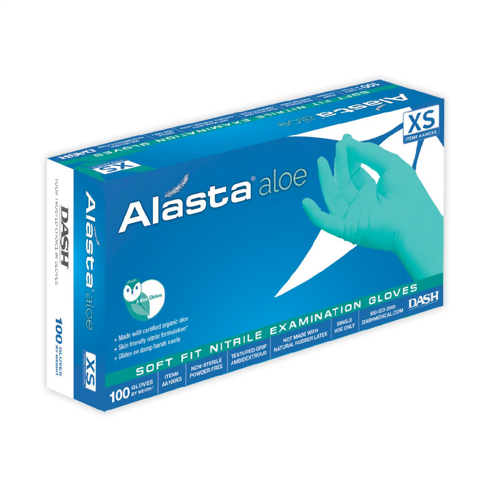 Alasta Aloe Nitrile Exam Gloves, Powder-Free, Non-Sterile, Extra-Small, Green, 100/Box, AA100XS