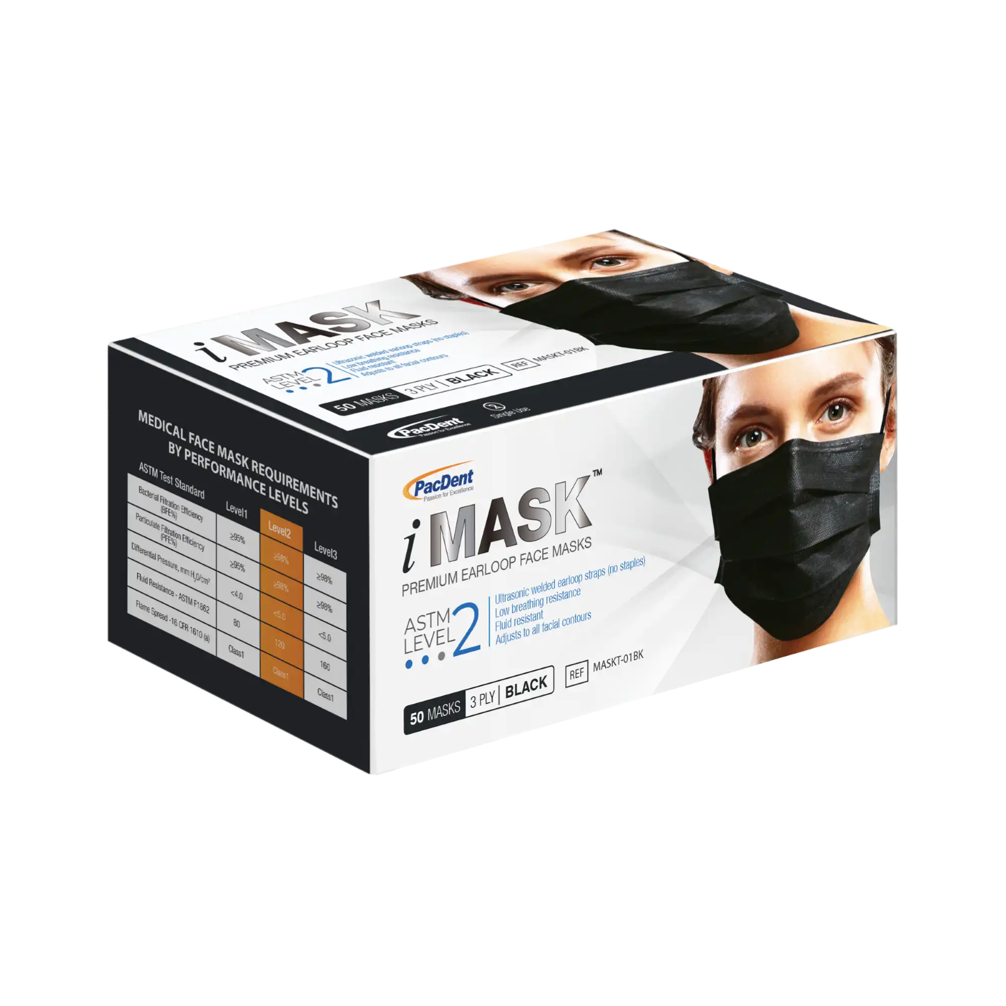 iMask™ Surgical Face Mask ASTM Level 2, Black, Ear Loop, 50/Box