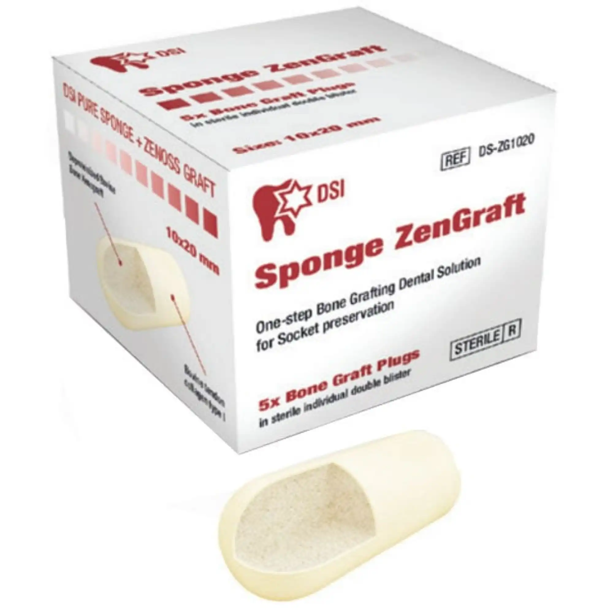 DSI Sponge ZenGraft Bone Graft Plug, 10mm x 20mm, One-Step Socket Preservation, Sterile, 5/Box, DS-ZG1020