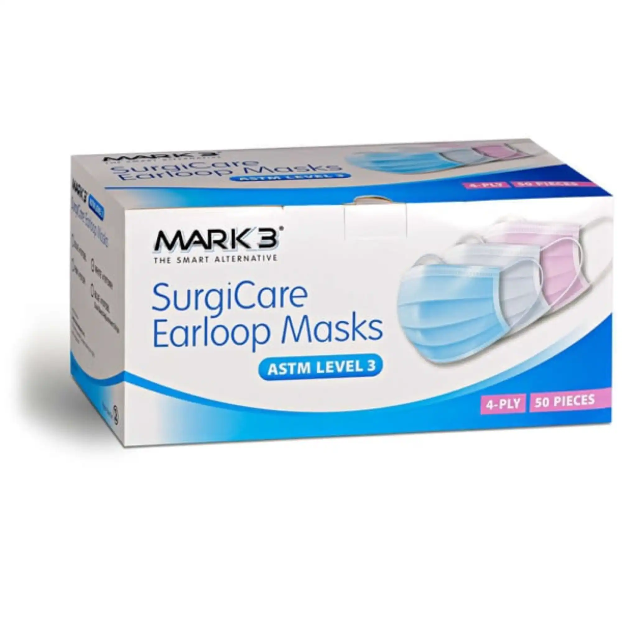 Surgicare Earloop Face Masks, ASTM Level 3, Blue, 50/Box, 1973BL