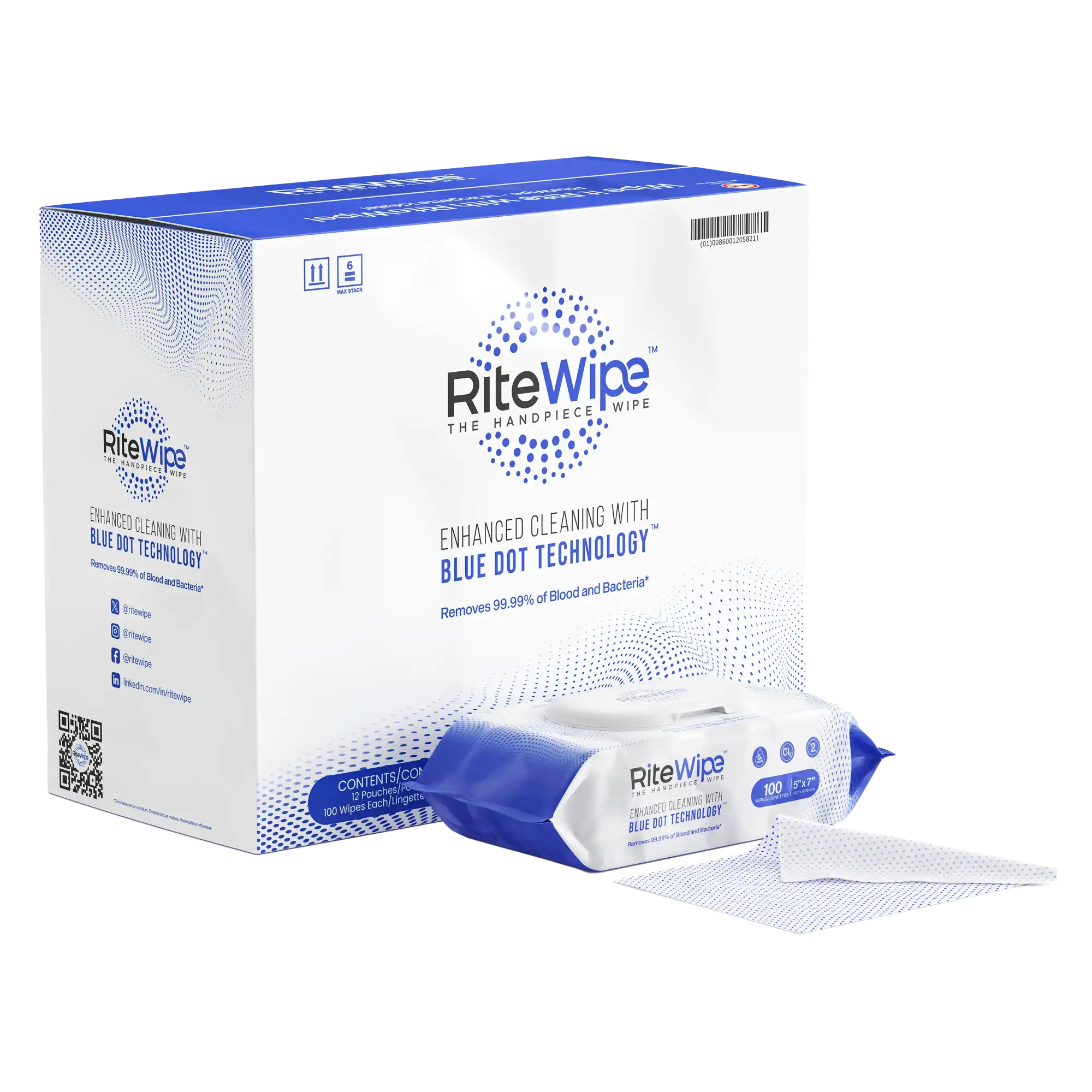 NDC RiteWipe Handpiece Wipe, 5" x 7", pH-Neutral Pre-Sterilization Cleaning Wipes, 100 Wipes/Pouch, 121100