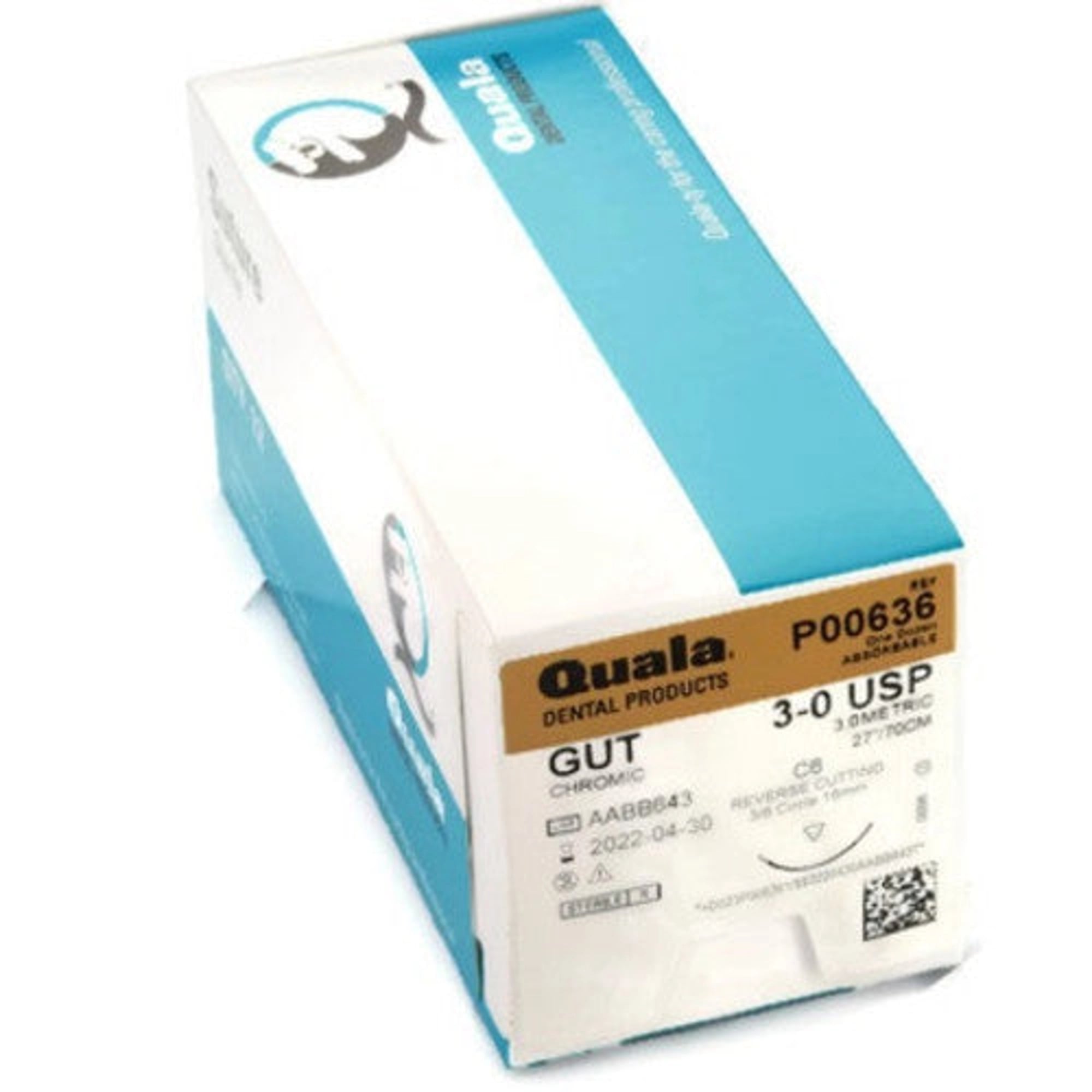 Quala Chromic Gut Suture, 3-0, C-6 Reverse-Cutting 19mm Needle, 27" Strand, 12/Bx, P00636