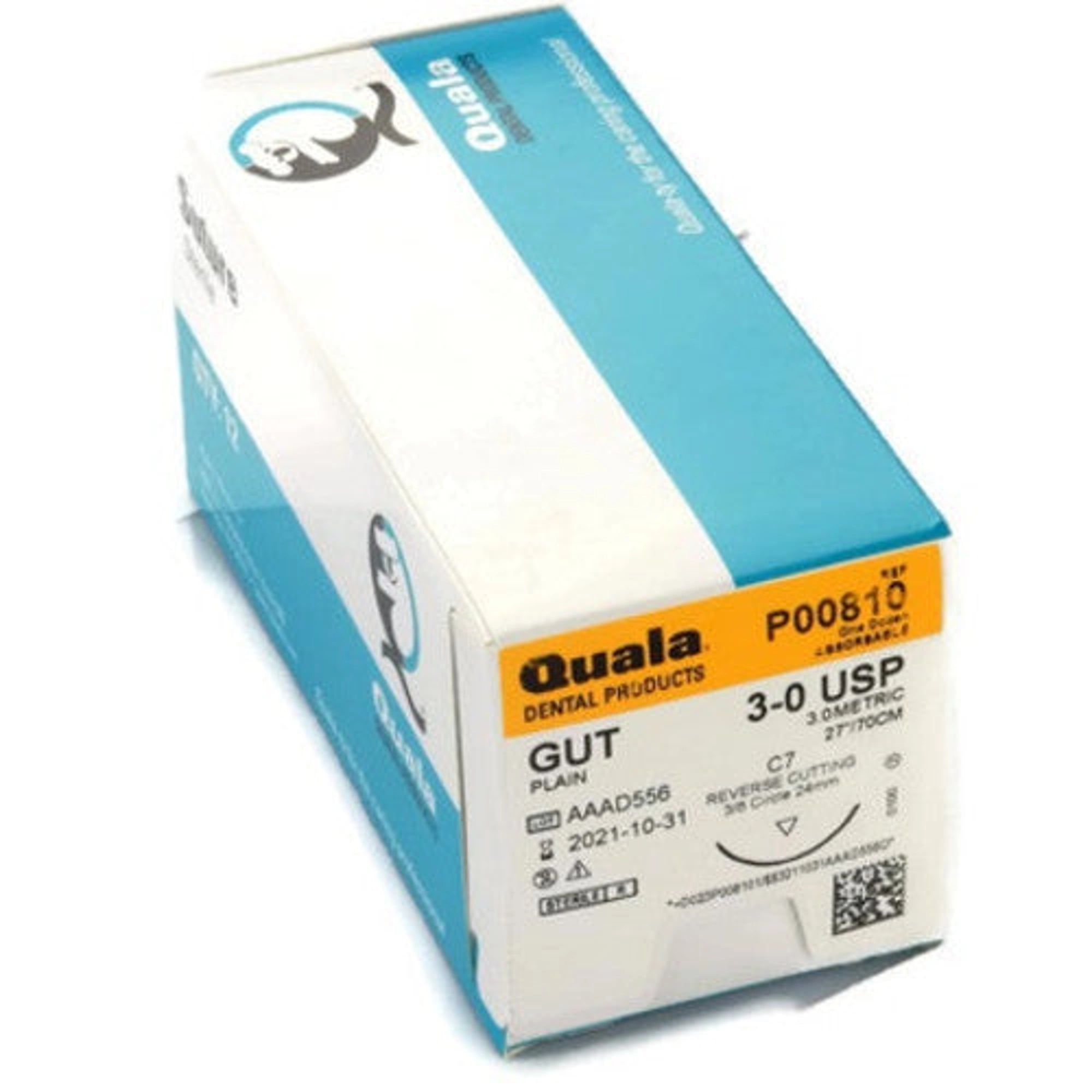 Quala Plain Gut Absorbable Sutures, 3/0, C-7 Reverse-Cutting 24mm Needle, 27", 12/Pk, P00810
