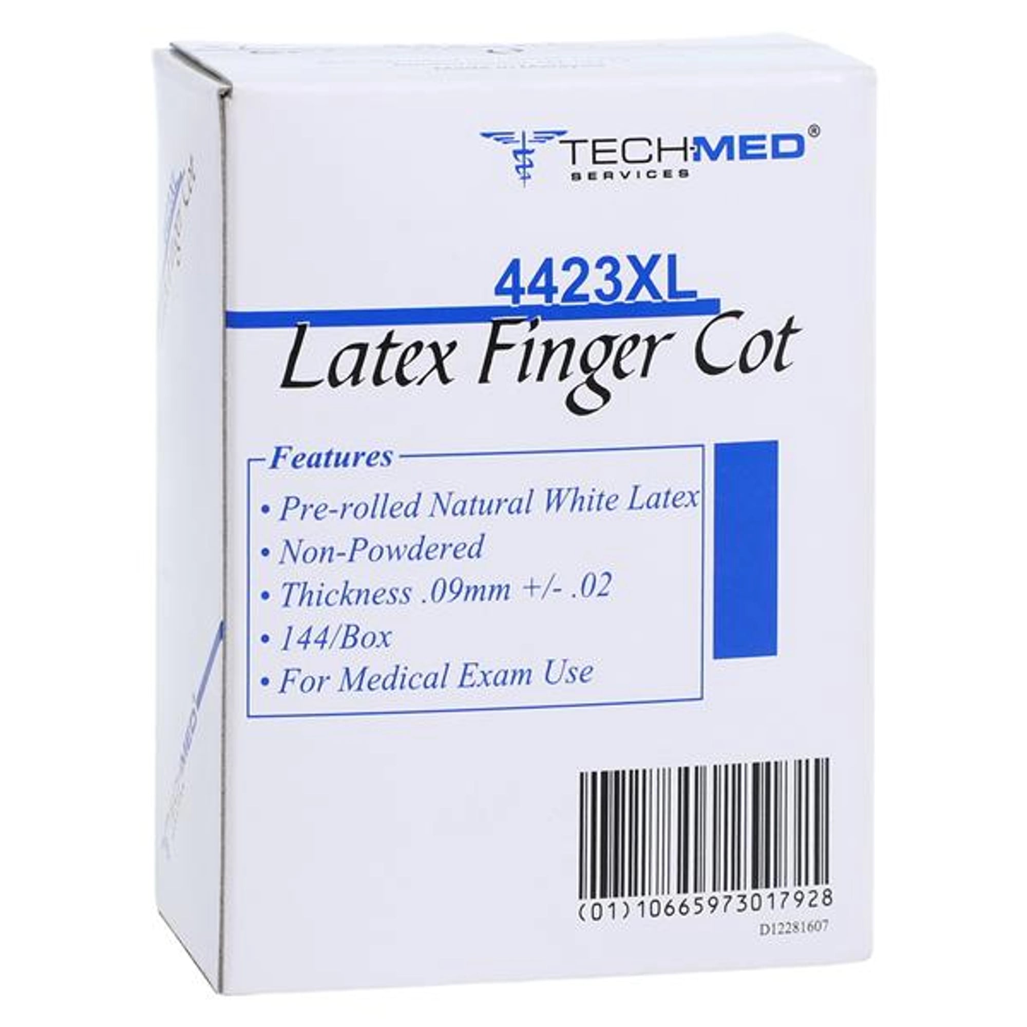 Dukal Tech-Med Latex Finger Cots, X-Large, Non-Powdered, Pre-Rolled, Natural White, 144/Box, 4423XL