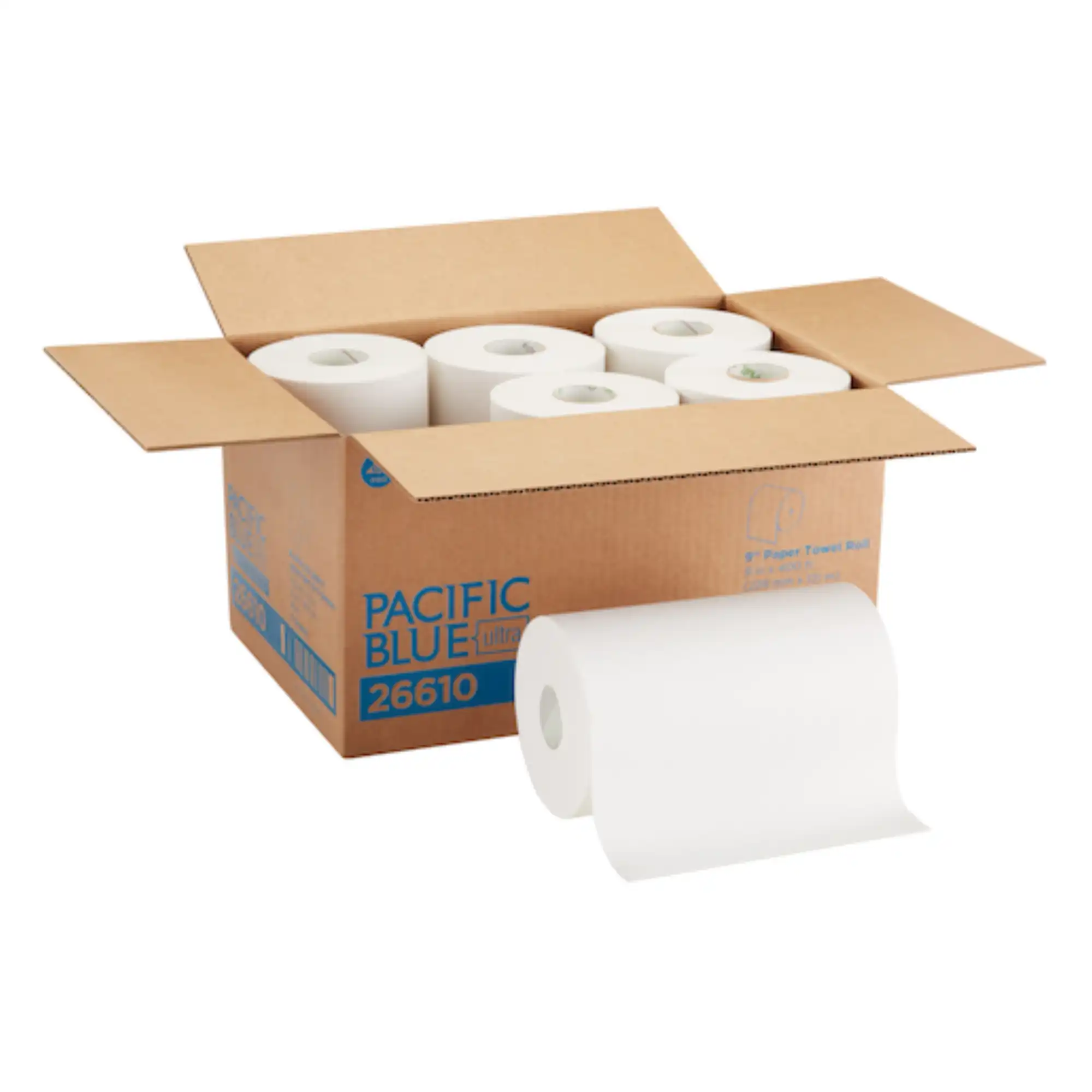 Georgia-Pacific Pacific Blue Ultra Hardwound Roll Paper Towels, 1-Ply, White, 9" x 400 ft, 6 Rolls/Case, 26610
