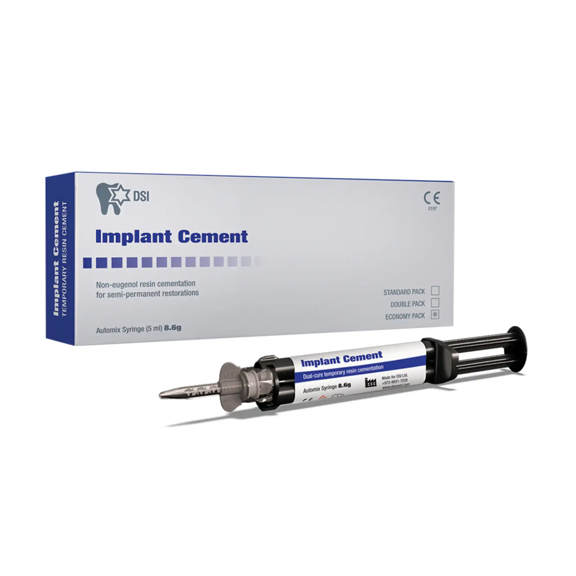 DSI Implant Cement, Temporary Dual-Cure Eugenol-Free, 8.6g (5ml) Automix Syringe with 10 Mixing Tips, DS-IMPC1