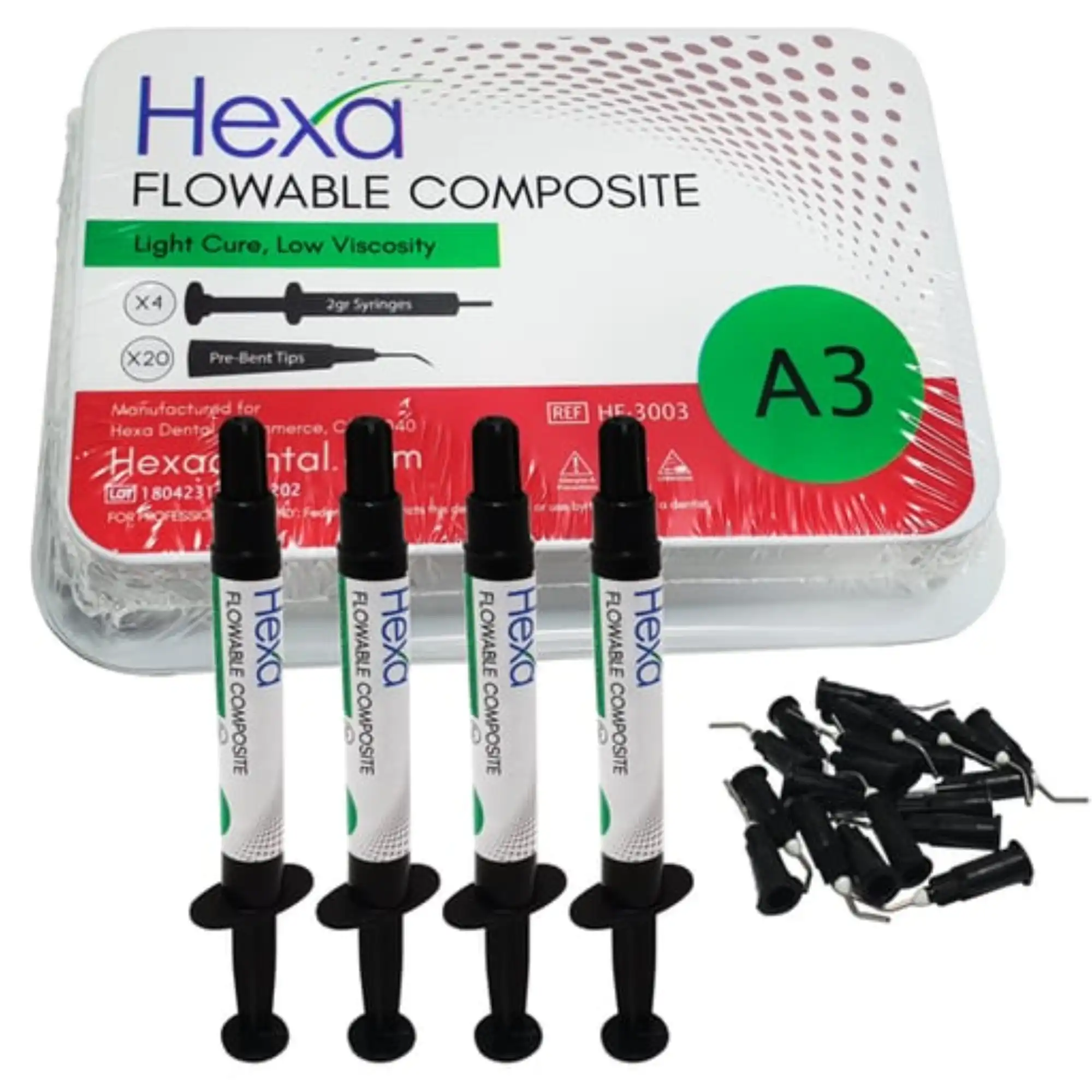 Hexa Flowable Composite A3, Light-Cure Low Viscosity, 4 x 2g Syringes & 20 Pre-Bent Tips, HF-3003