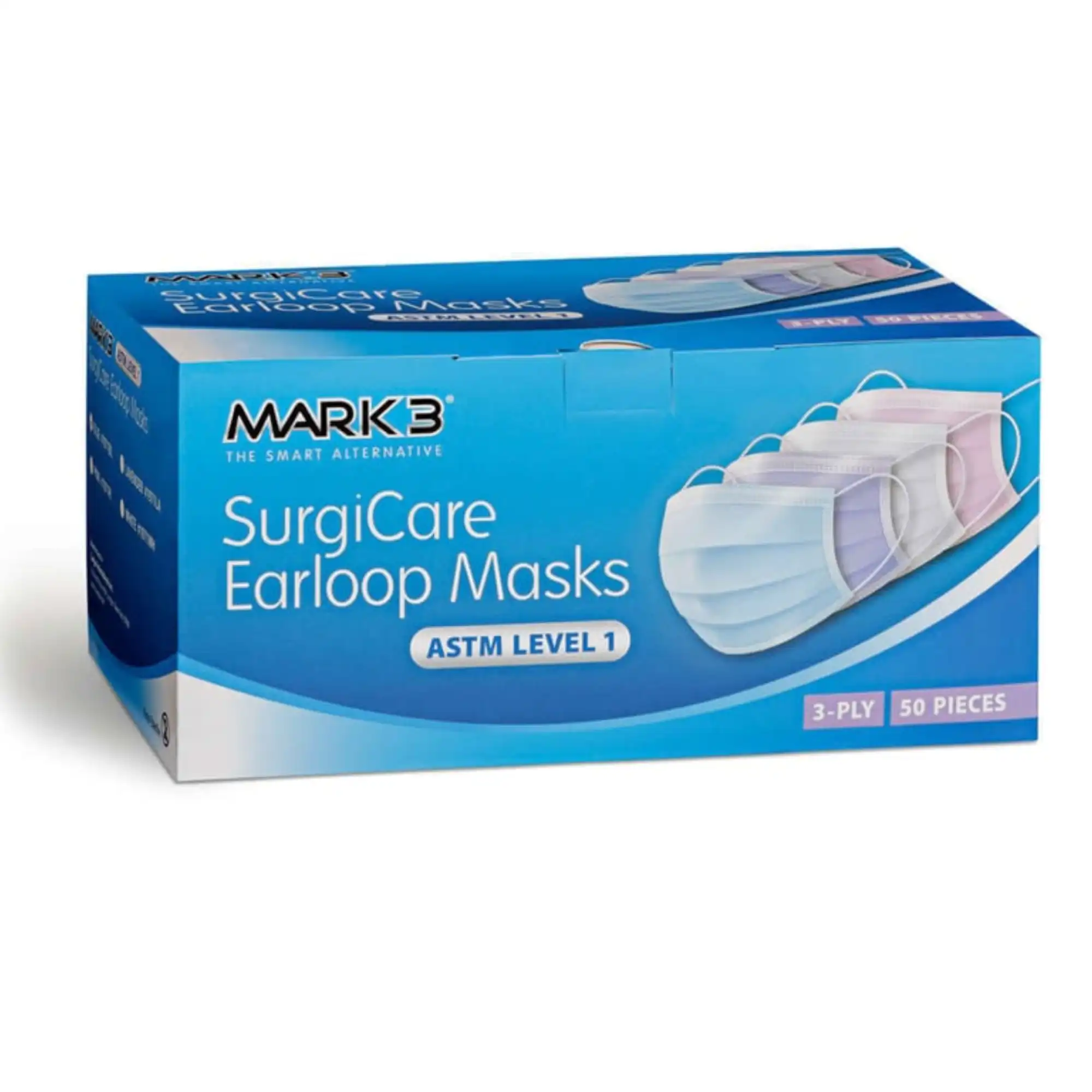 Mark3 SurgiCare Blue Earloop Face Masks, Level 1, 3-Ply, 50/Box, 1971BL