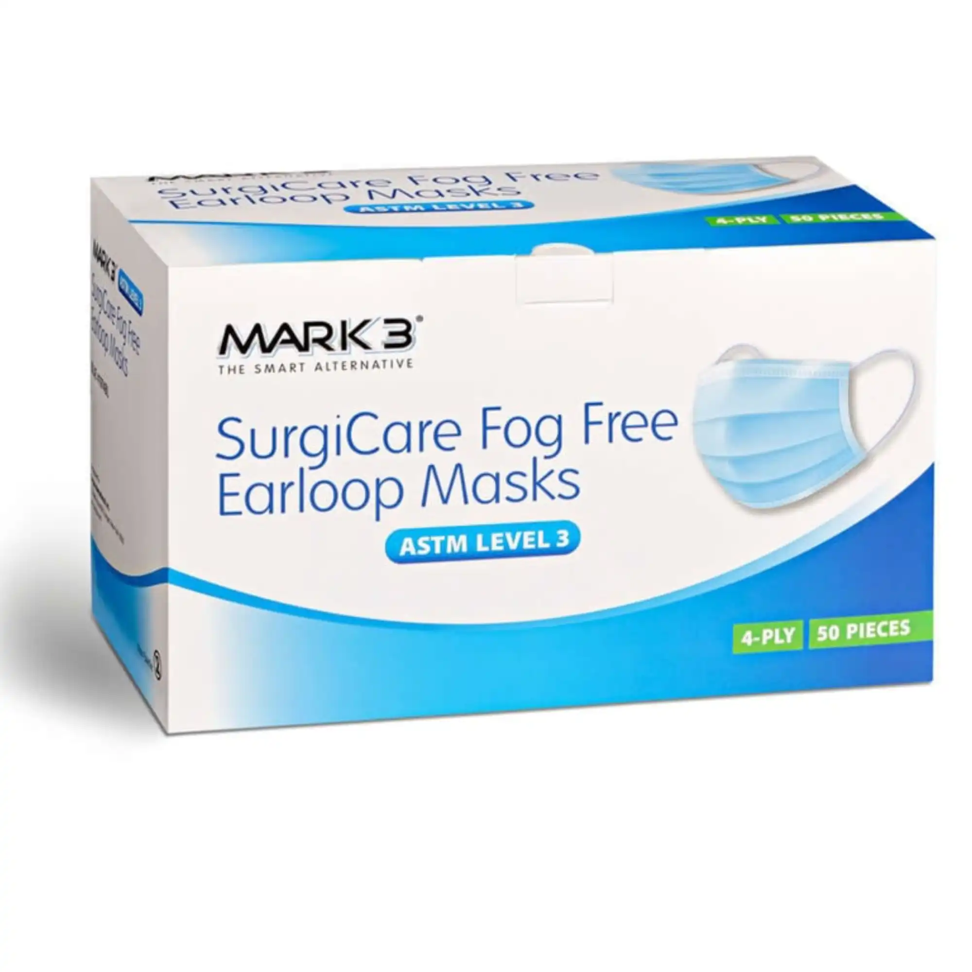 Mark3 SurgiCare Blue Earloop Face Masks, Fog Free, ASTM Level 3, 4-Ply, 50/Box, 1974BL