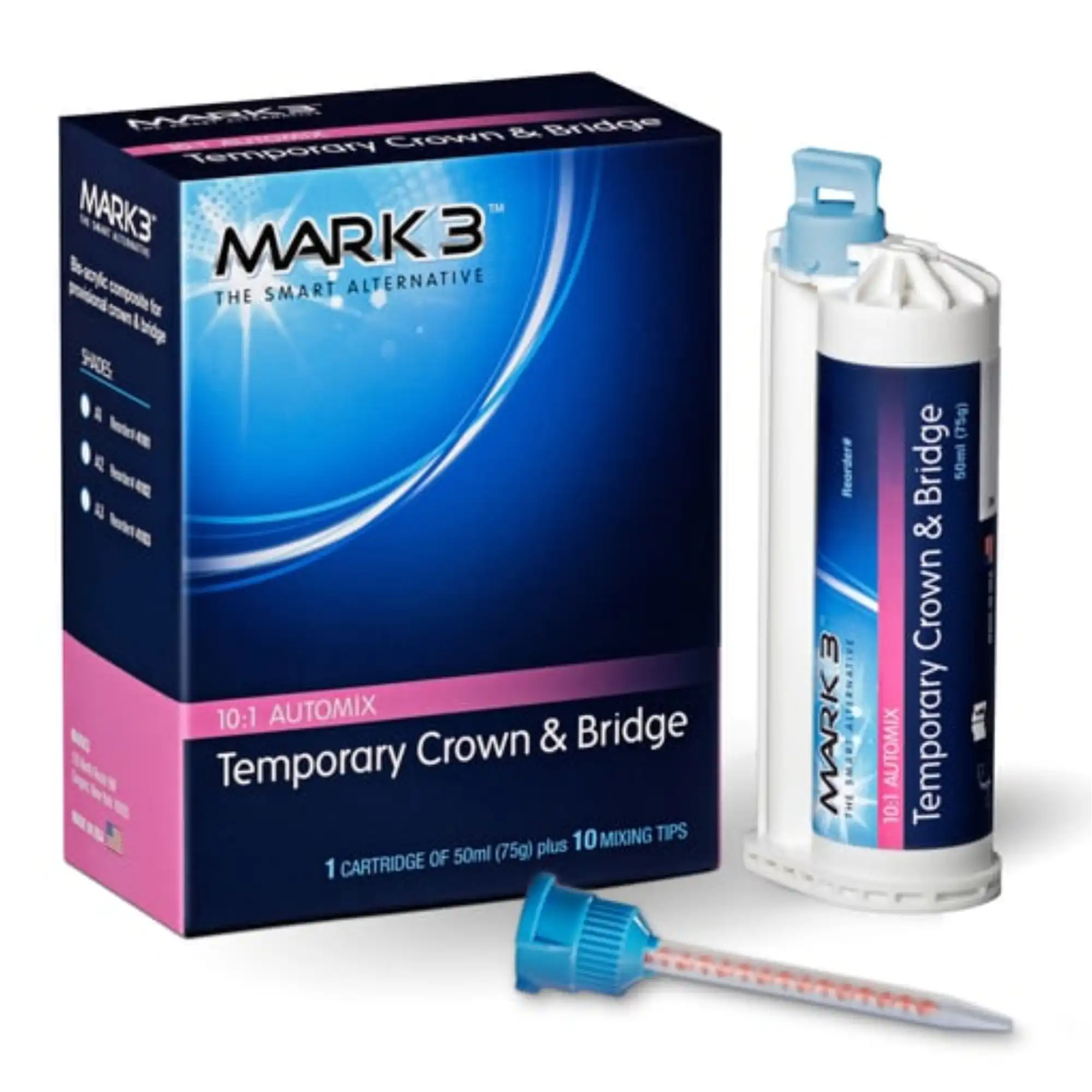 Mark3 Temporary Crown & Bridge Material B1, 10:1 Mix Ratio, 50ml Cartridge (75g) with 10 Mixing Tips, 4105