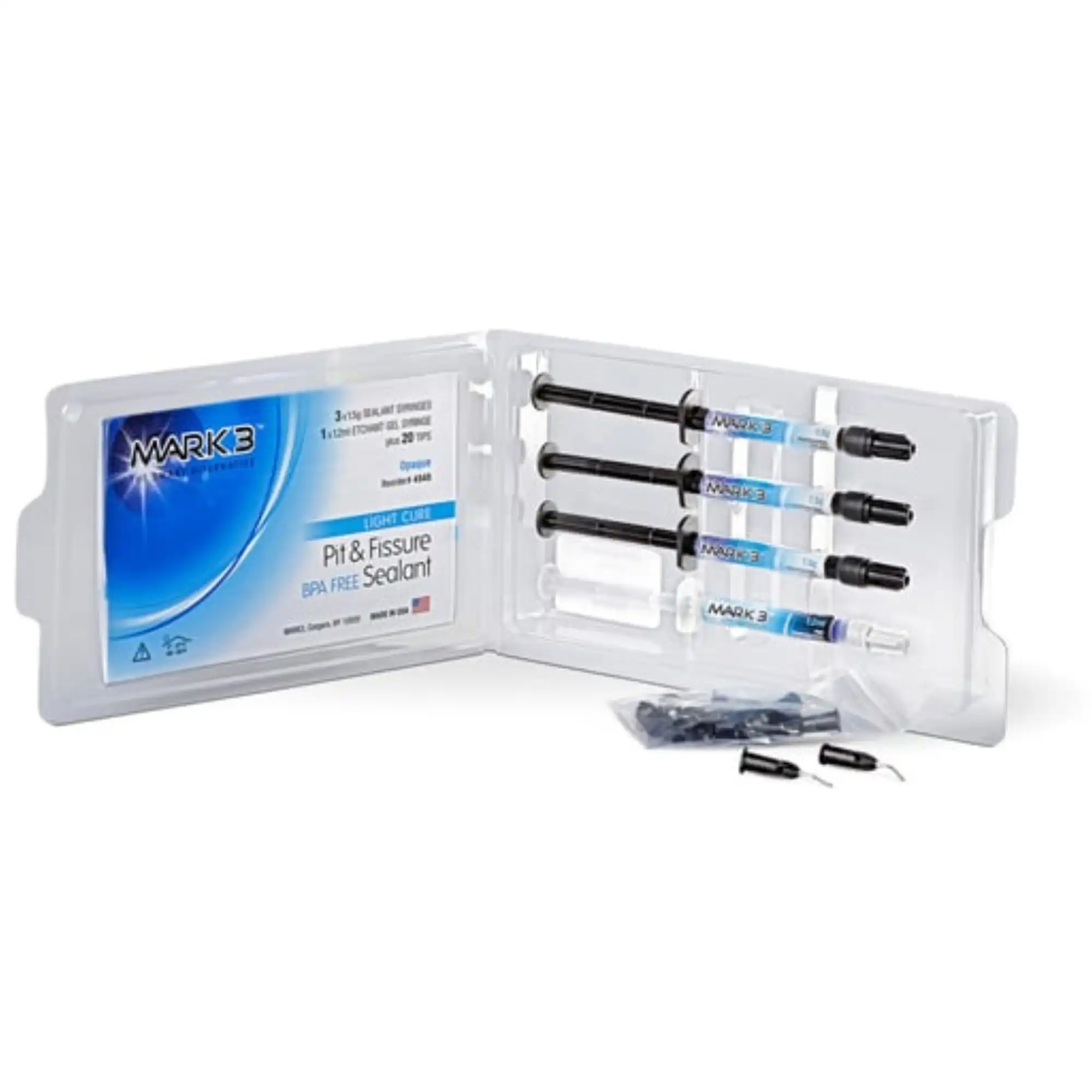 Mark3 Pit & Fissure Sealant Opaque Kit, 3 x 1.5g Syringes, 1 x 1.2ml Etch Syringe, 20 Tips, 4540