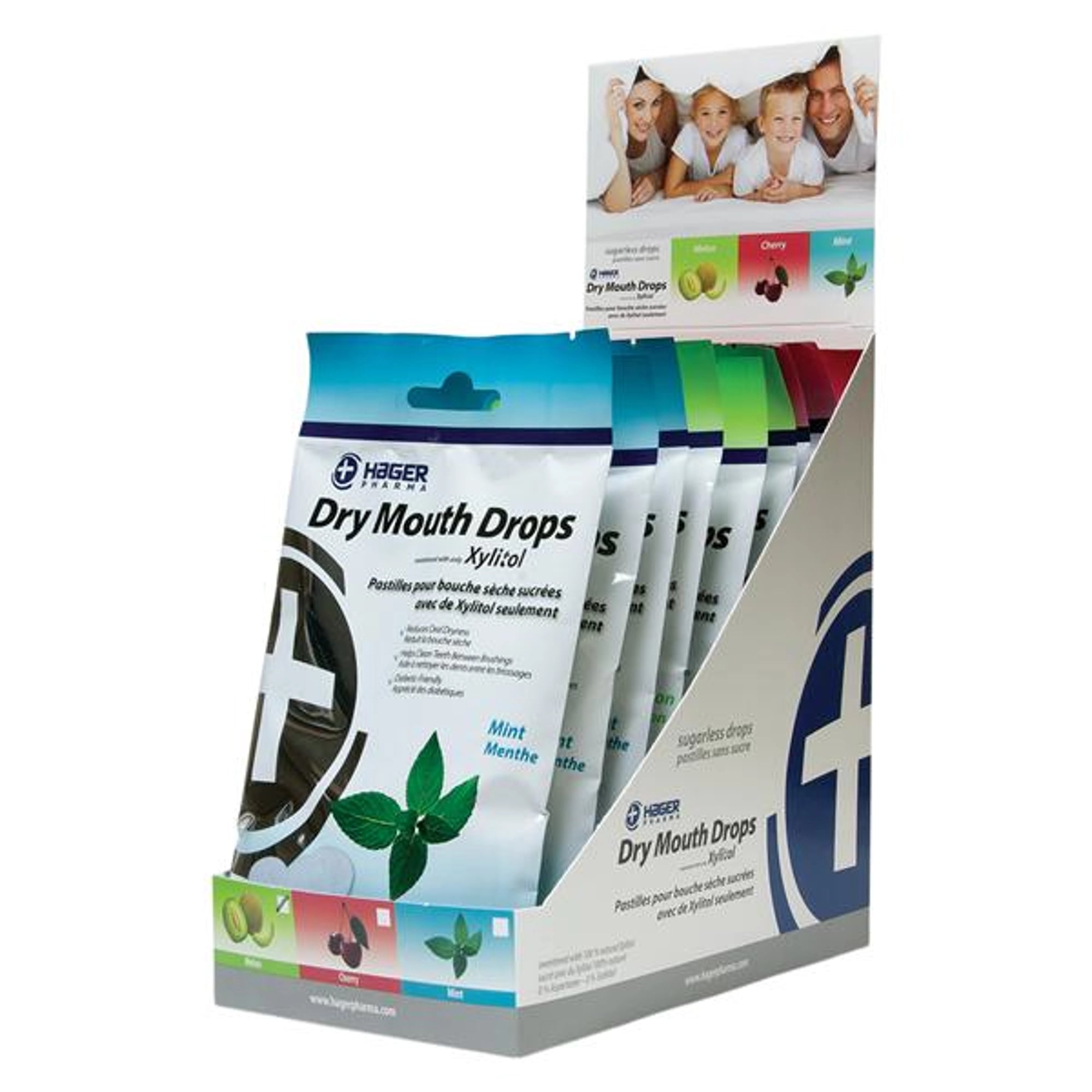 Miradent Xylitol Drops, Assorted Flavors (Mint, Melon, Cherry), Display Box of 12 Pouches (26 Drops per Pouch)