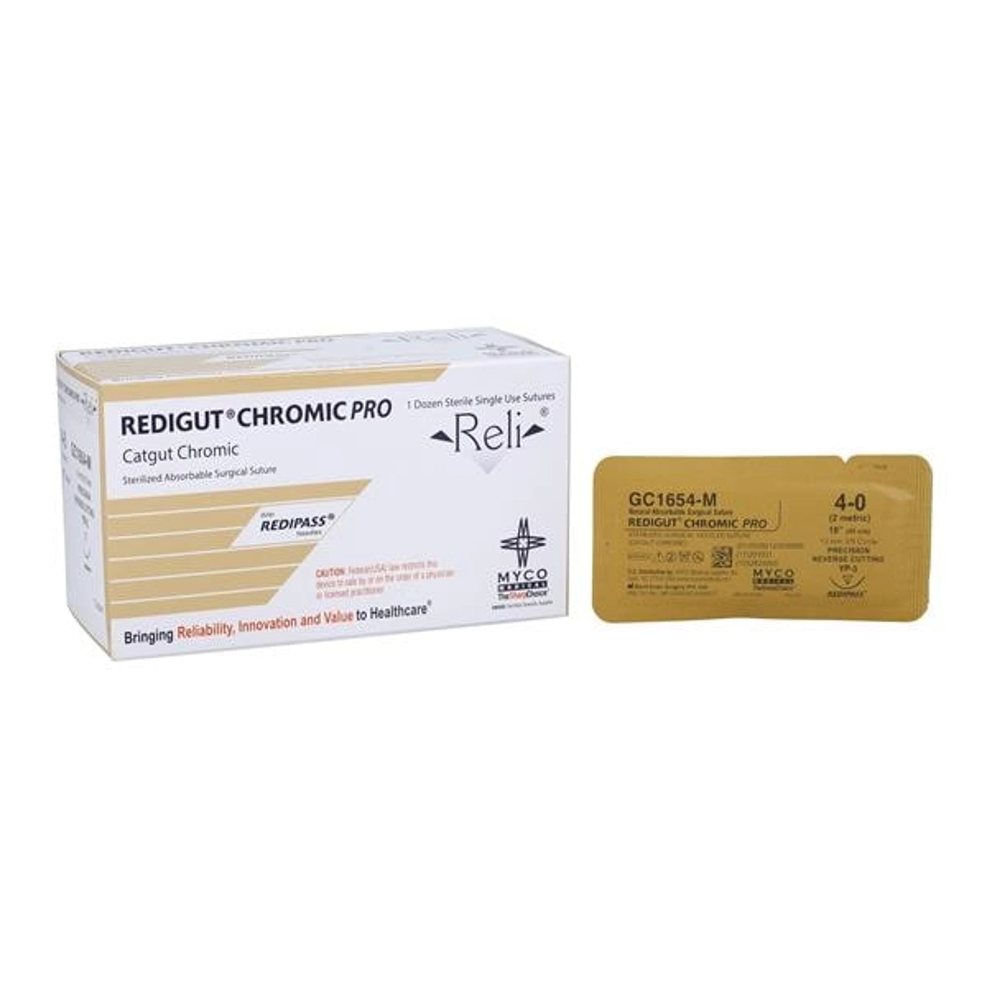 Myco Medical Reli Chromic Gut Suture, 4-0, 18", 3/8 Circle Reverse Cutting 13mm Needle, 12/Bx