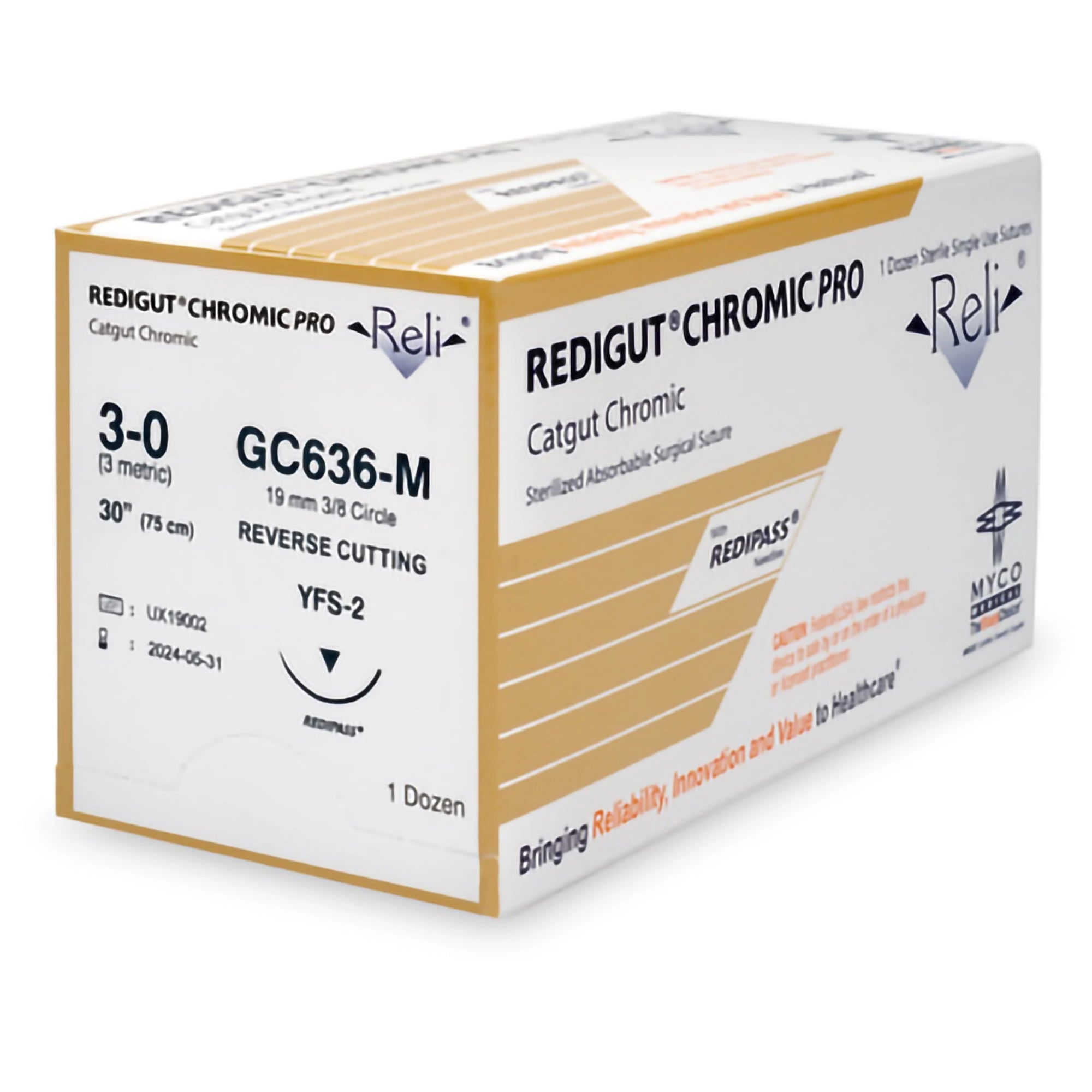 Reli Chromic Gut Suture, 3-0, 27" with MFS-2 Reverse-Cutting 19 mm Needle, 12/Box
