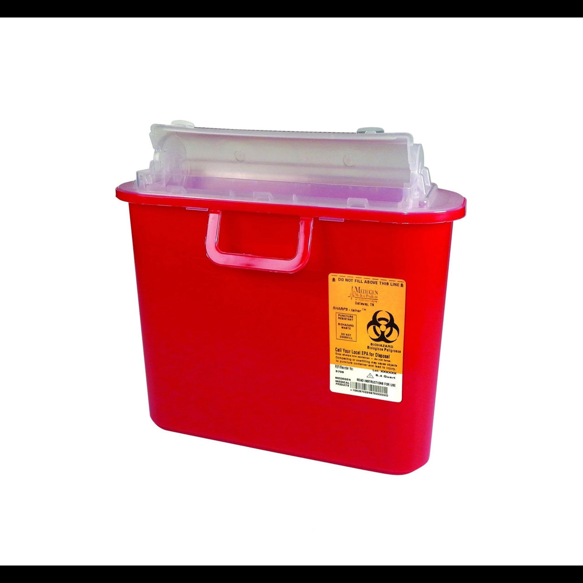 Medegen Sharps Container, 5.4 Qt, Red, Locking Lid, 10.5"W x 3.5"D x 10.5"H, Case of 12