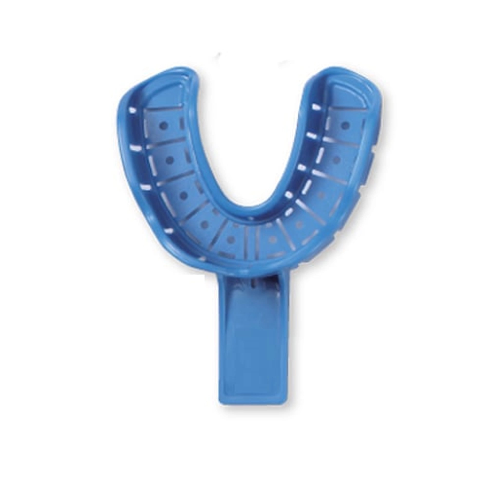 Premium Plus #6 Small Lower Full-Arch Perforated Plastic Disposable Impression Trays with Rim Lock, Blue, 100/Pk