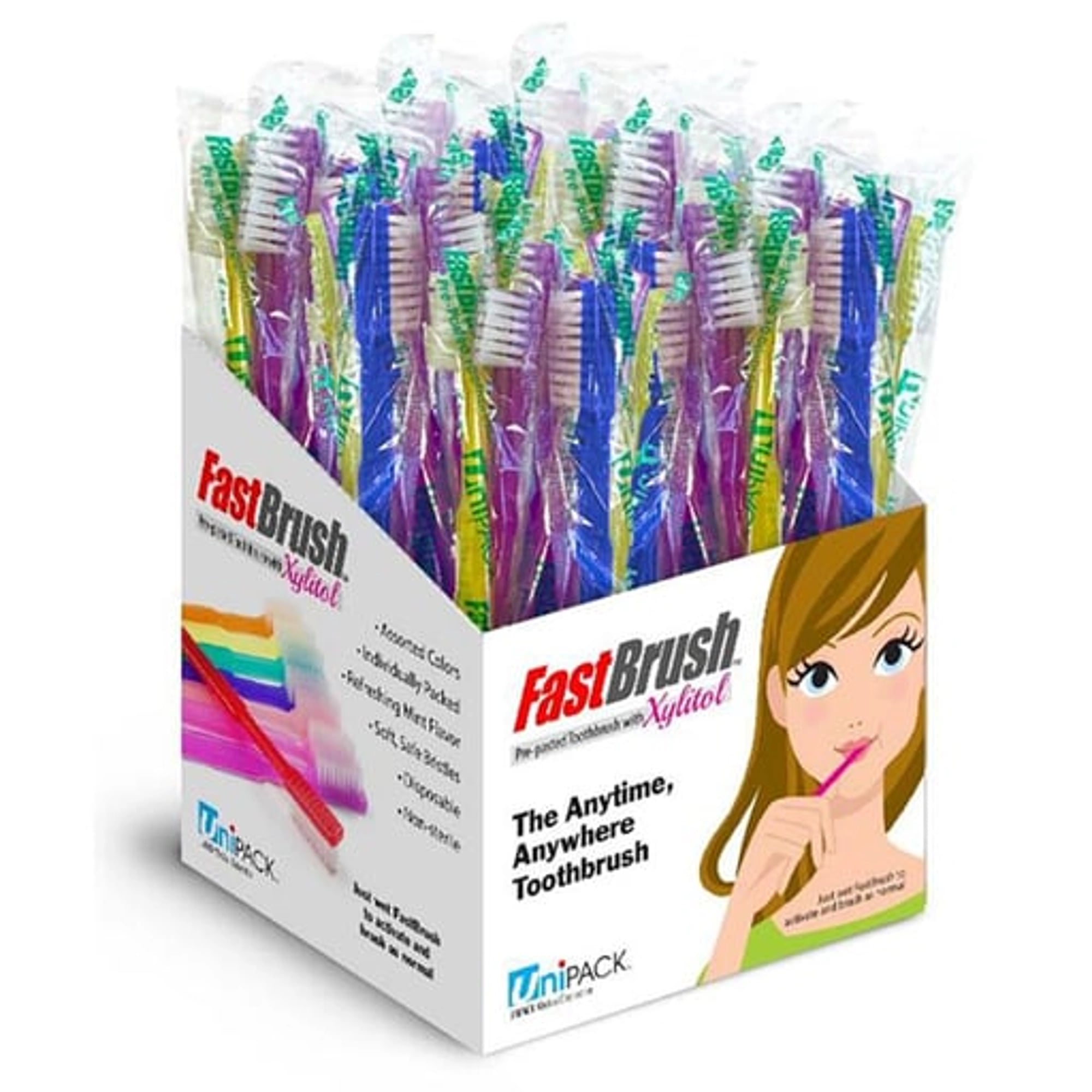 Dukal UniPACK Fast Brush Pre-Pasted Disposable Toothbrushes with Xylitol, Assorted Colors, Soft Bristles, Individually Wrapped, 100/Box, UDA-4001