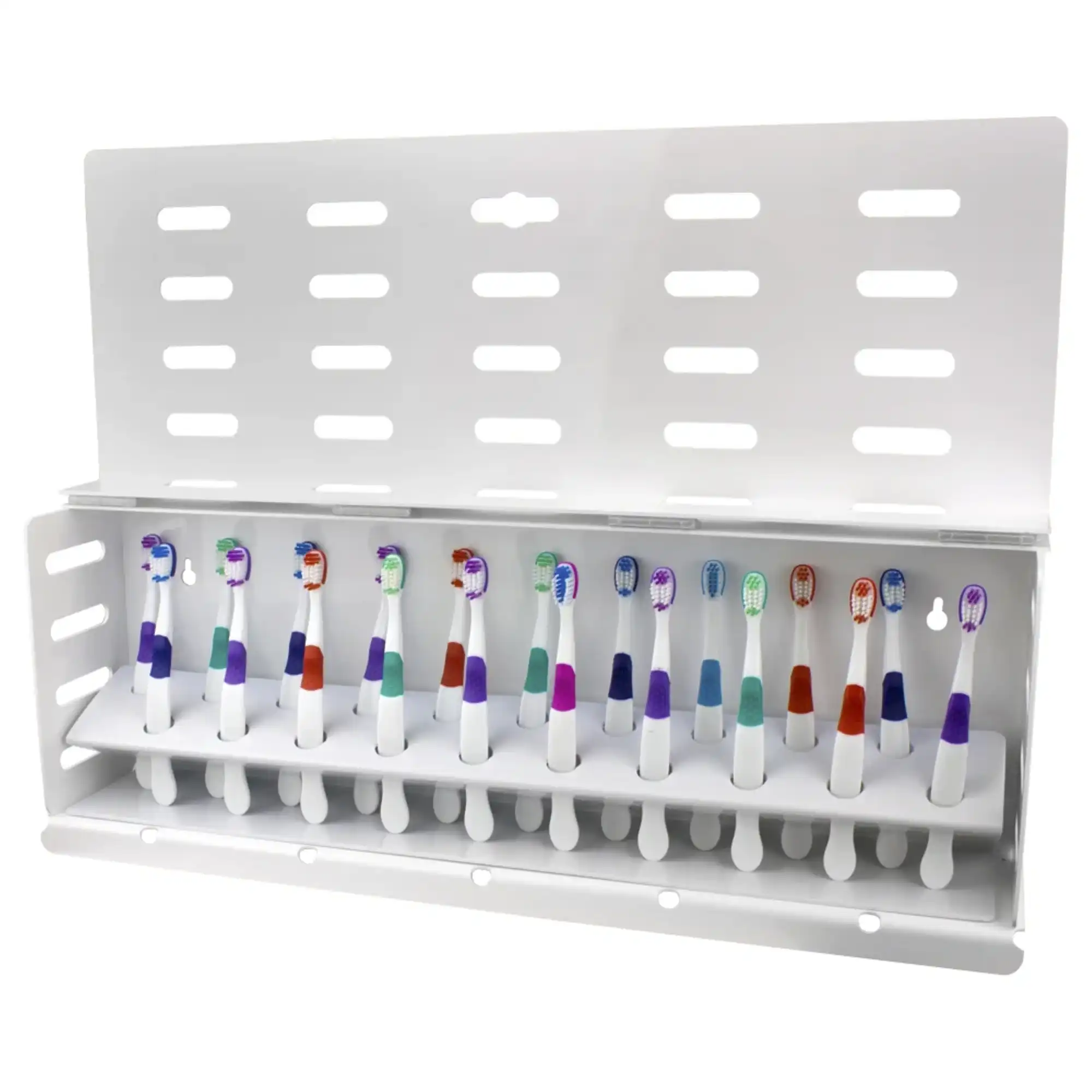 Plak Smacker 20 Count Toothbrush Rack with Wall Mount, No Covers, 20 Brushes, 29 Tufts, Rubber Grip