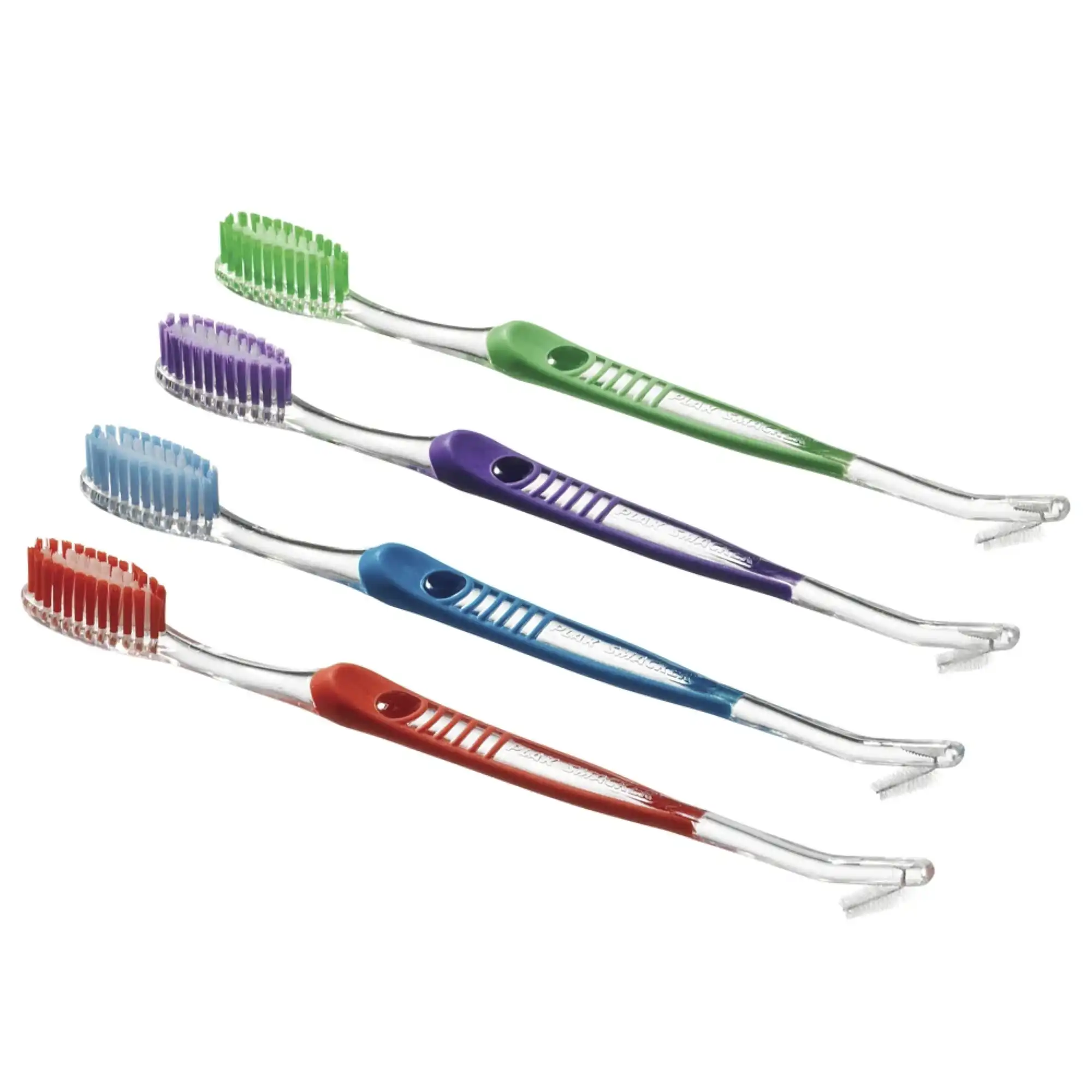 Plak Smacker Dual-Head Rubber Handle Toothbrush, 40 Tufts Nylon Bristles with Interproximal Brush, Assorted Colors, 144/Bx