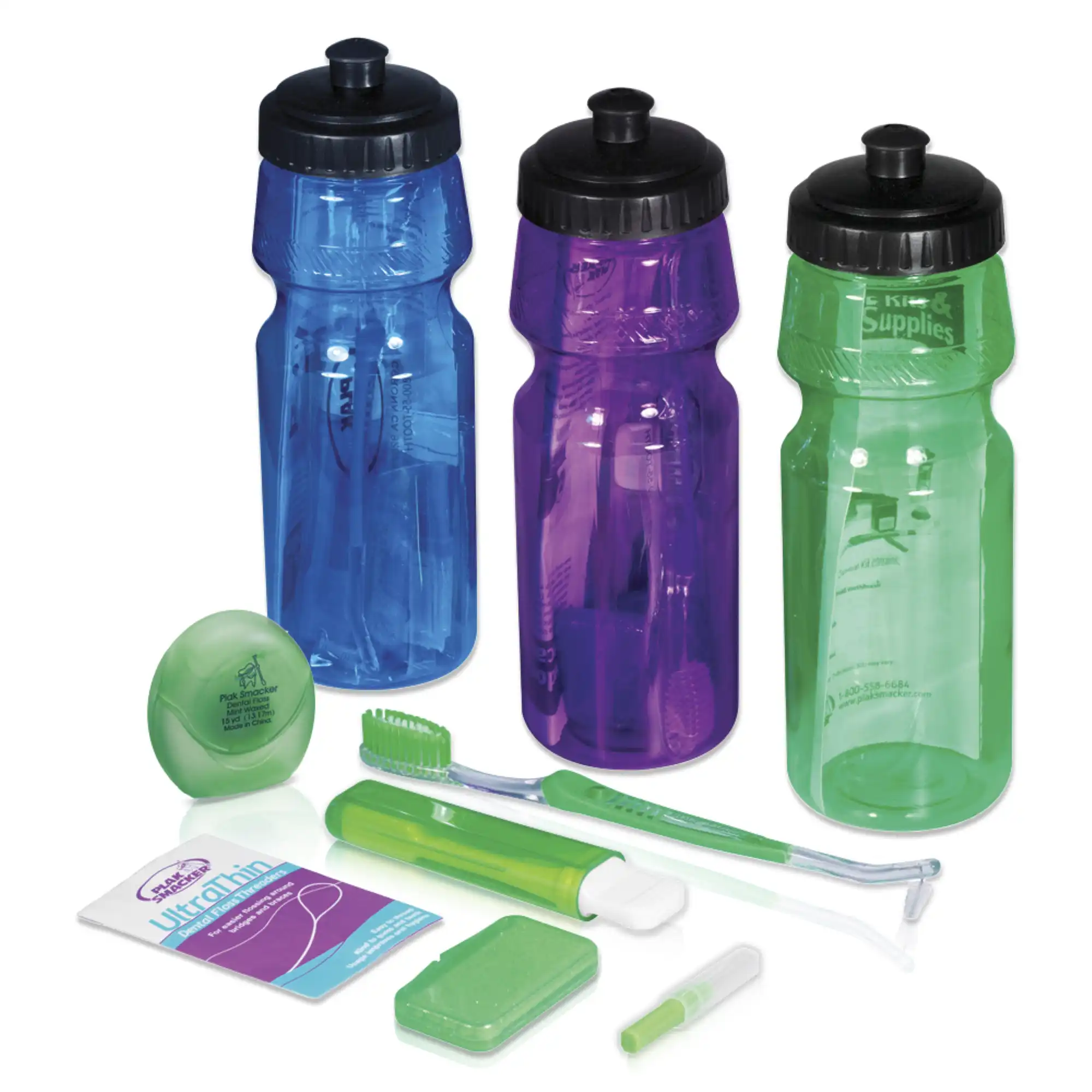 Plak Smacker Ortho Water Bottle Kit, BPA-Free, 7-Piece, 24 oz, Assorted Colors (Blue/Green/Purple), 24 Ct
