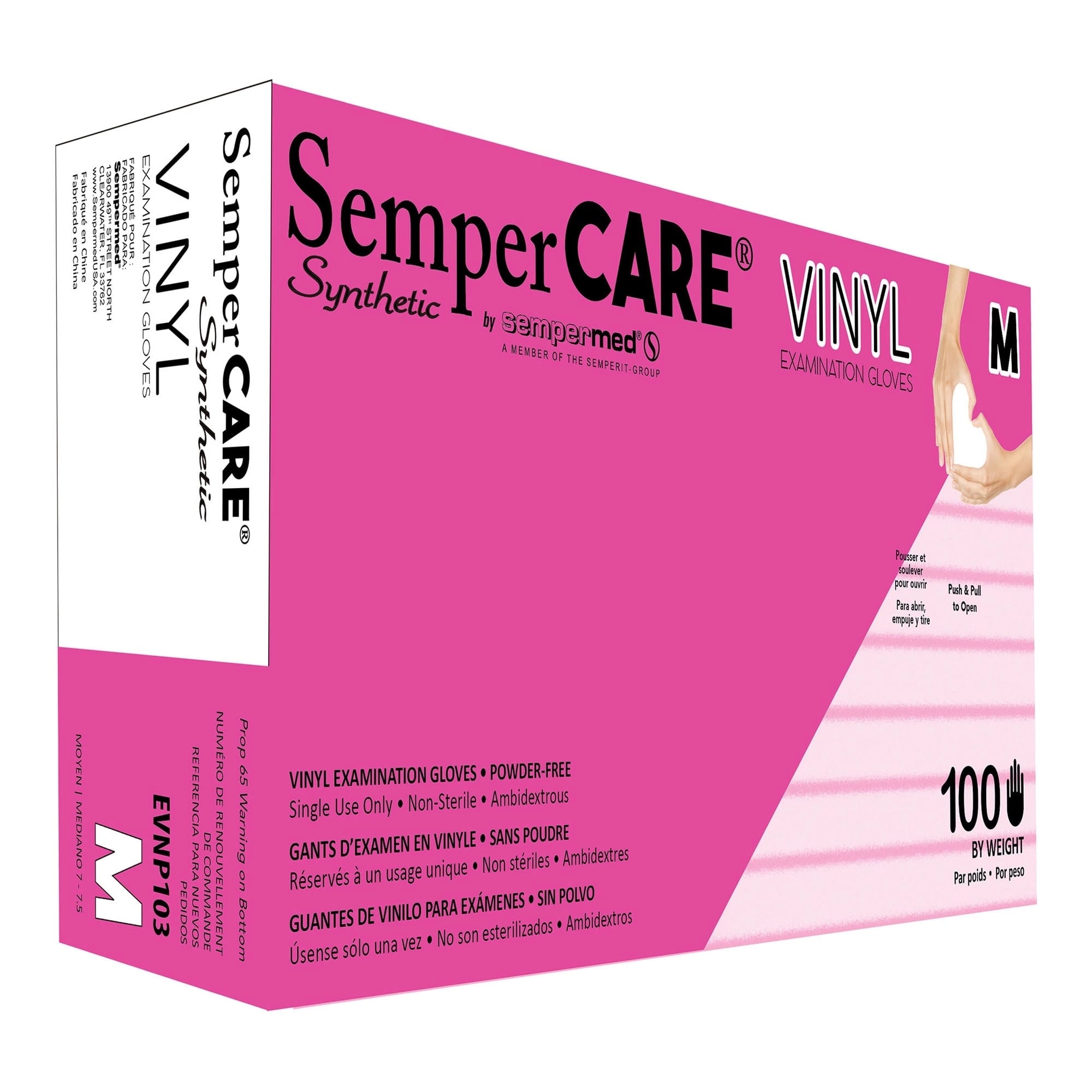 Sempermed SemperCare Synthetic Vinyl Exam Gloves, Medium, Powder Free, Non-Sterile, Ambidextrous, White, 100/Box, EVNP103
