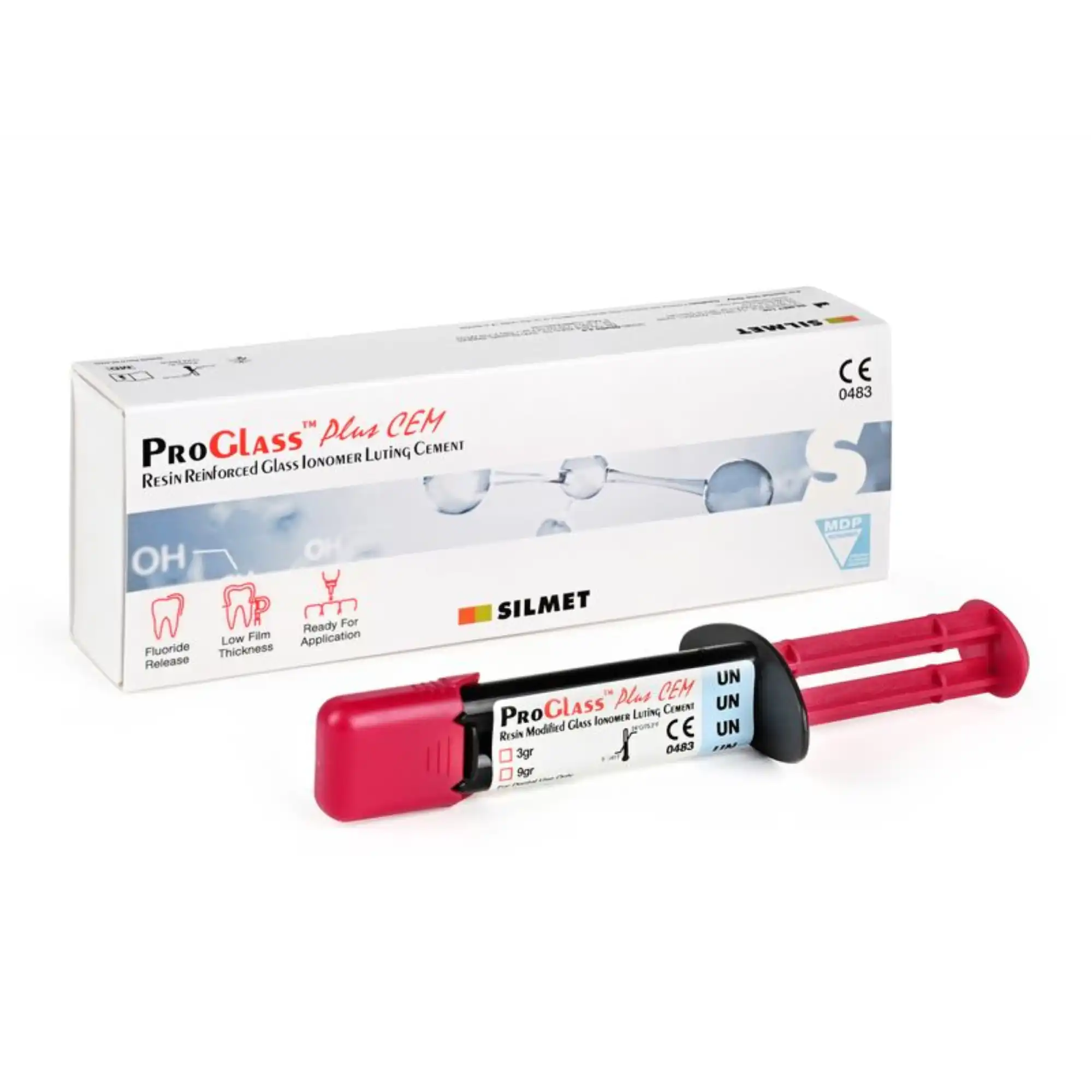 Silmet ProGlass Plus CEM Resin-Modified Glass Ionomer Luting Cement, Dual-Cure, Automix Syringe, 9 g, with Tips