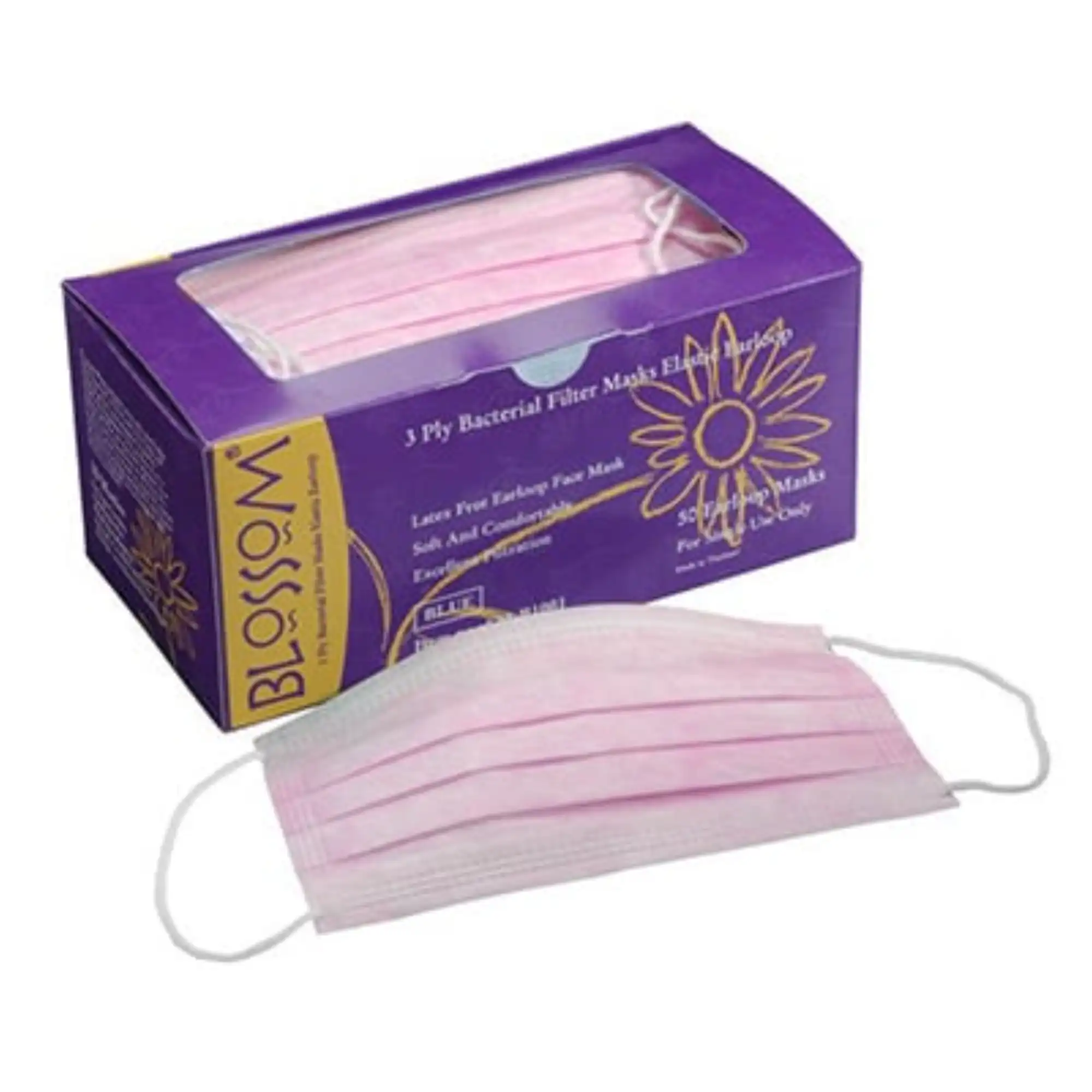 Blossom Pink Ear-Loop Face Mask, Latex-Free, 3-Ply, 50/Box