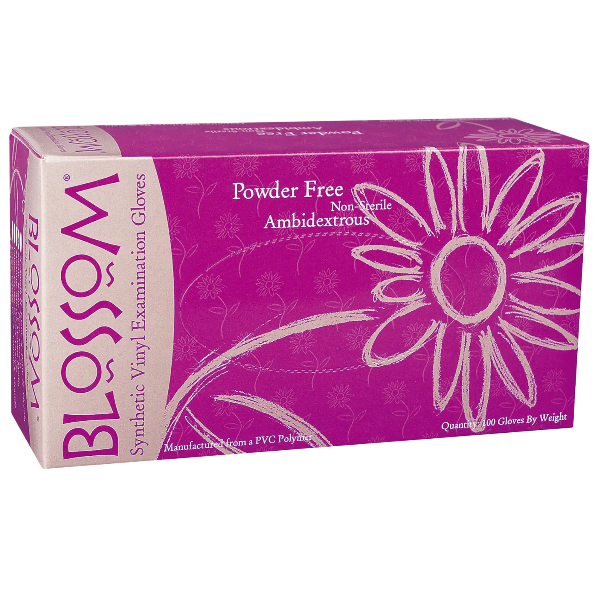 Blossom PF Synthetic/Vinyl Exam Gloves, Powder Free, Latex Free, Non-Sterile, Small, White, Ambidextrous, 100/Box