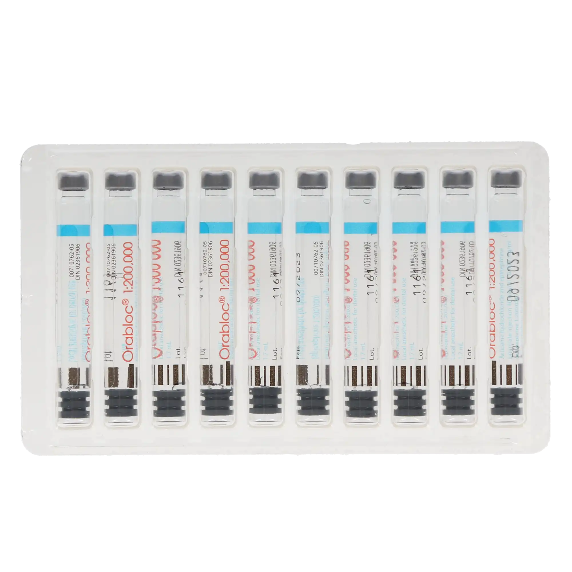 Orabloc Articaine HCl 4% with Epinephrine 1:200,000 Injection Cartridges, 1.7 mL, Blue, 50/Box, 2101052