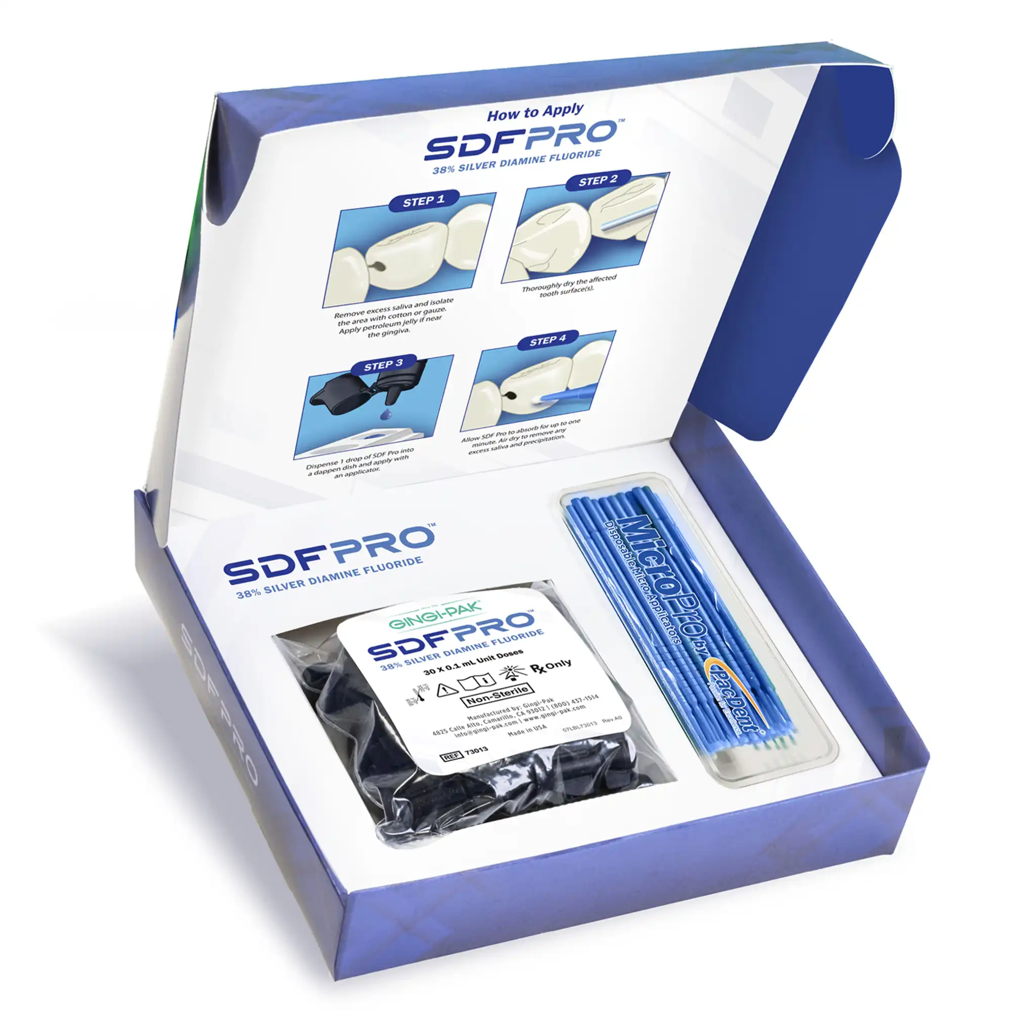 SDF Pro 38% Silver Diamine Fluoride Solution Unit Dose Kit, 30 x 0.1 mL Unit Doses + 50 Micro Applicator Tips, 73013