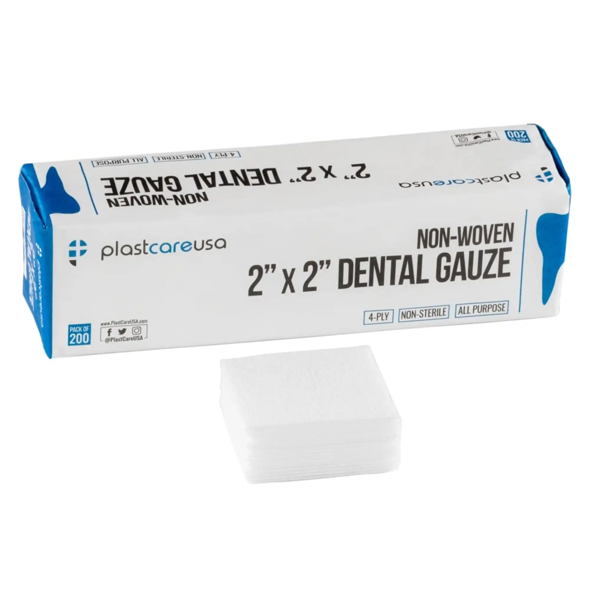 PlastCare USA Non-Woven Gauze Sponges, 4-Ply, Non-Sterile, 2" x 2", 5000/Case, SPNG-2X2