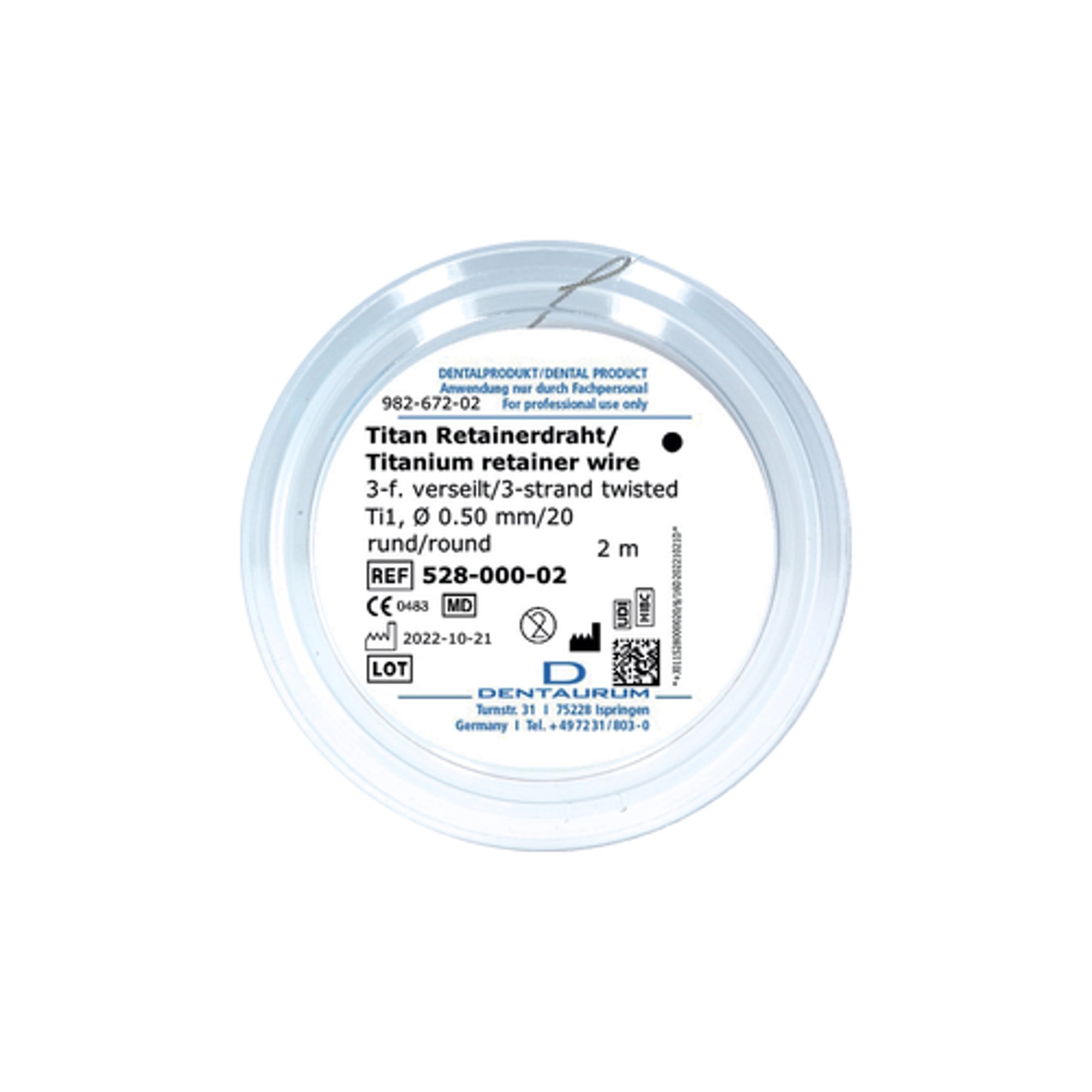 Dentaurum Titanium Twisted Retainer Wire Grade 1, 0.5 mm Diameter, 2 m Length, 1 Coil, 528-000-02