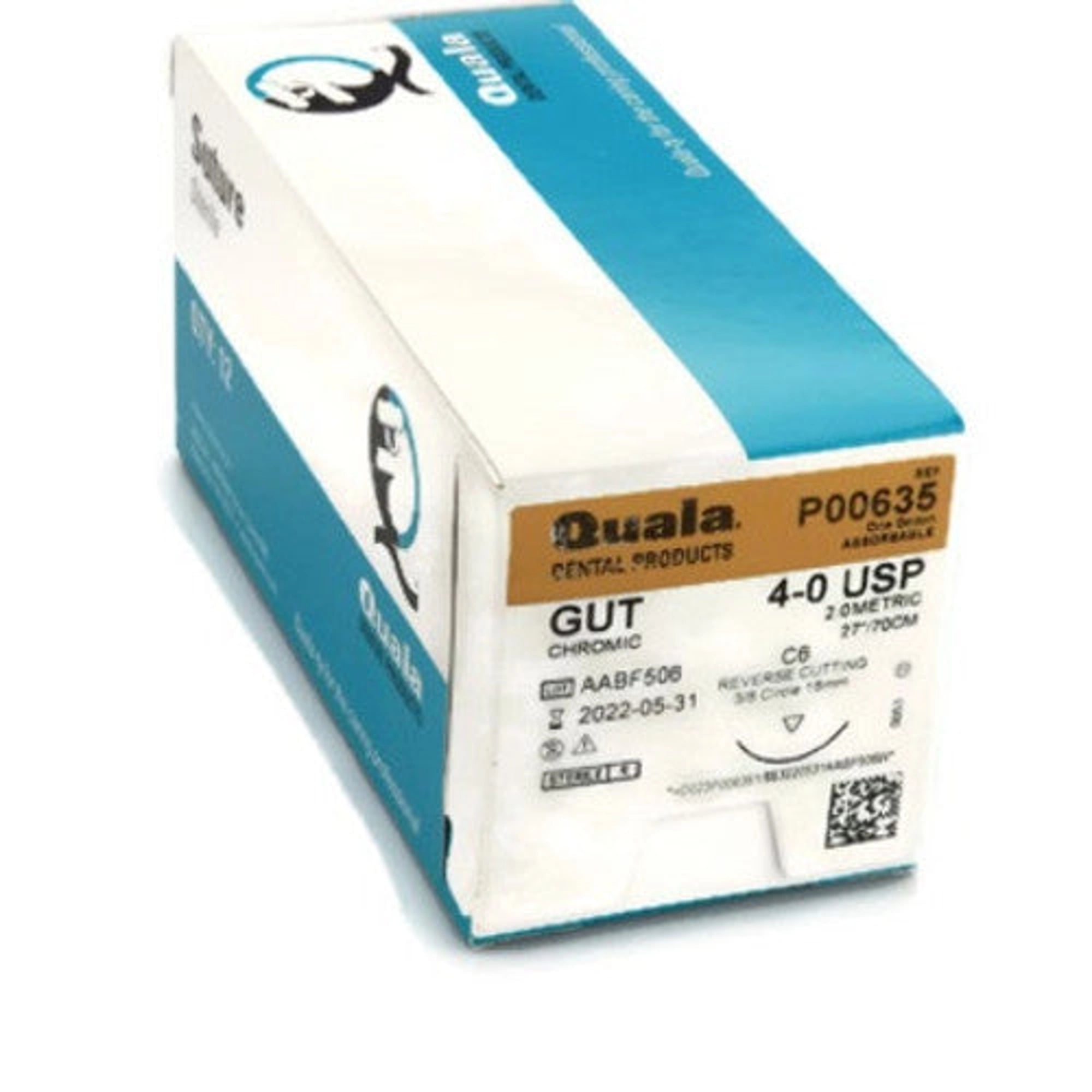 Quala Chromic Gut Absorbable Suture, 4/0, 27", C-6 Reverse-Cutting 19mm Needle (3/8 Circle), 12/Bx, P00635