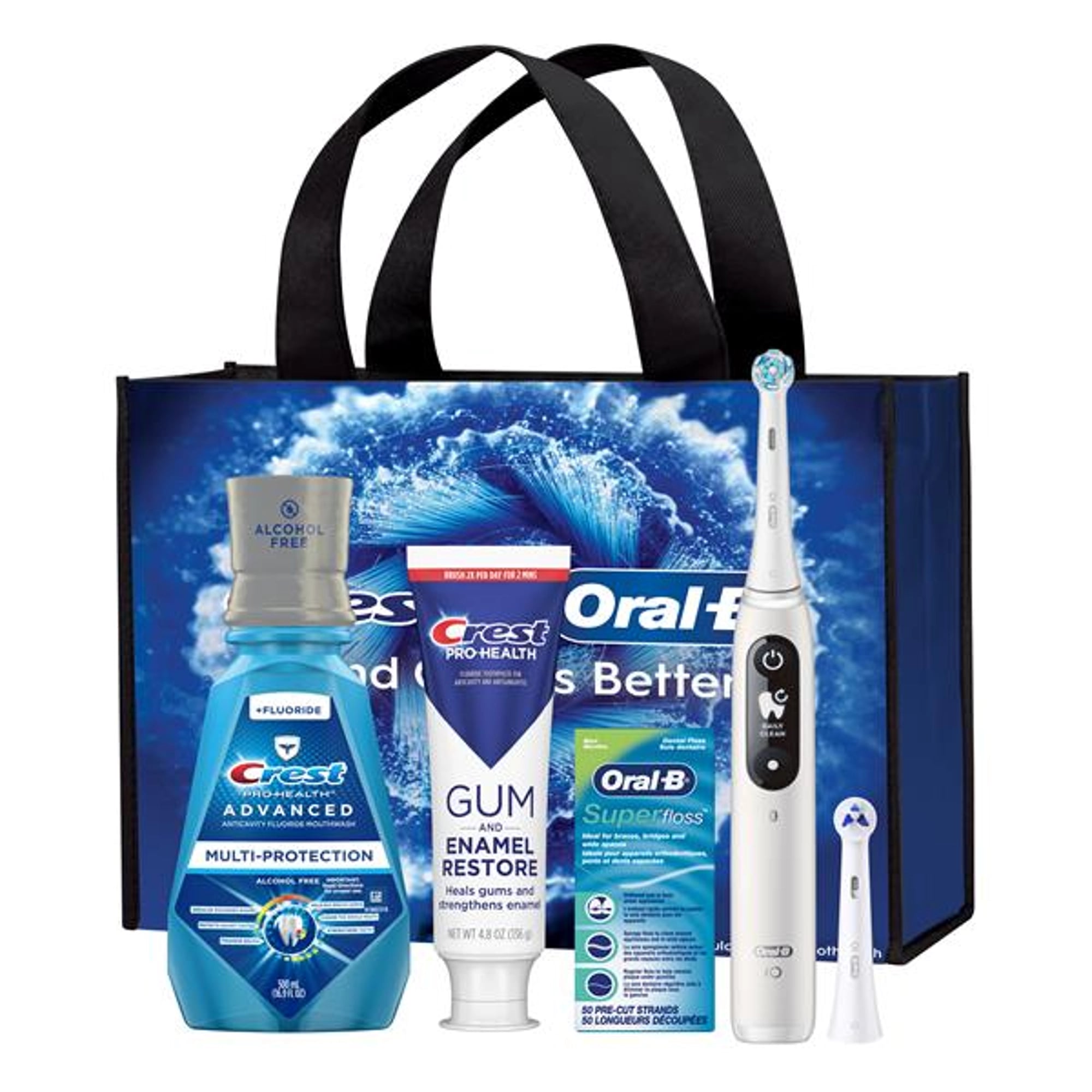 Oral-B iO Series 6 Electric Toothbrush Professional Kit, White Handle, with Crest PRO-HEALTH Gum & Enamel Restore Toothpaste, Crest PRO-HEALTH Advanced Multi-Protection Mouthwash, and Oral-B Superfloss Mint, 80842533