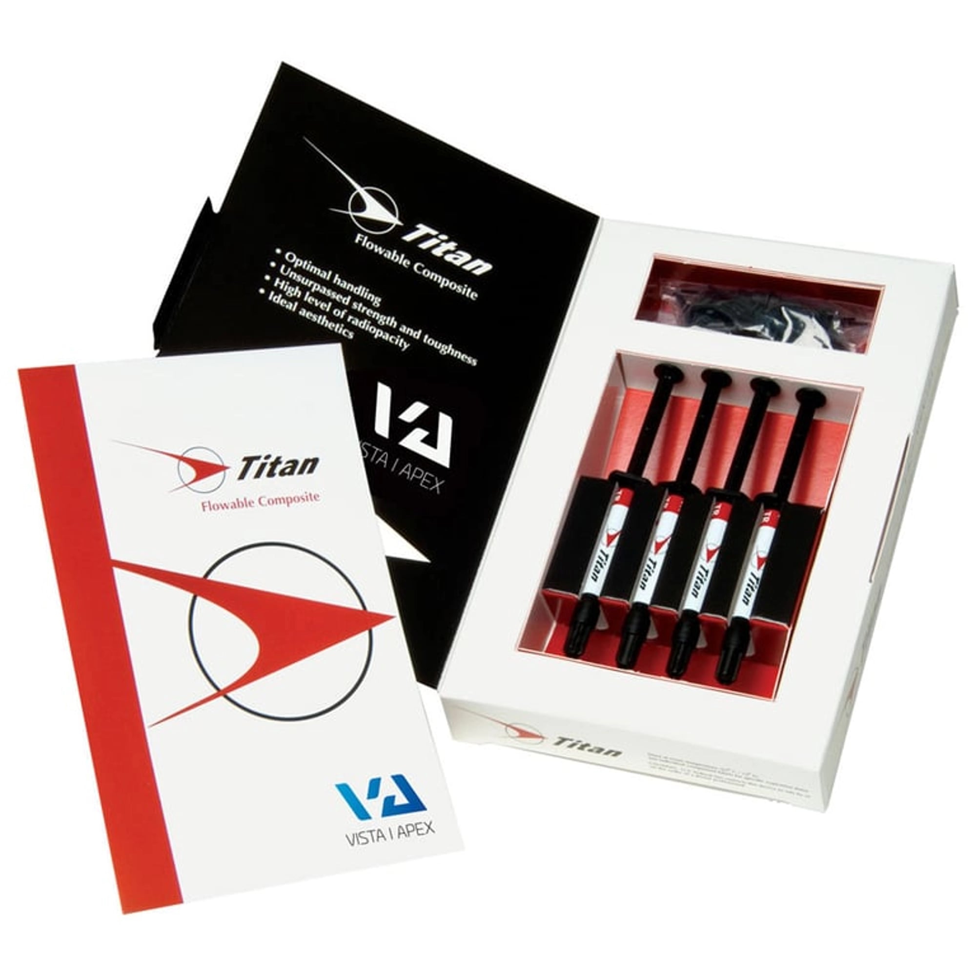 Titan Flowable Composite Light Cure, Shade A3, 1.5 gm Syringe, 4/Pk, Includes 25 x 20ga Pre-Bent Tips, 90490