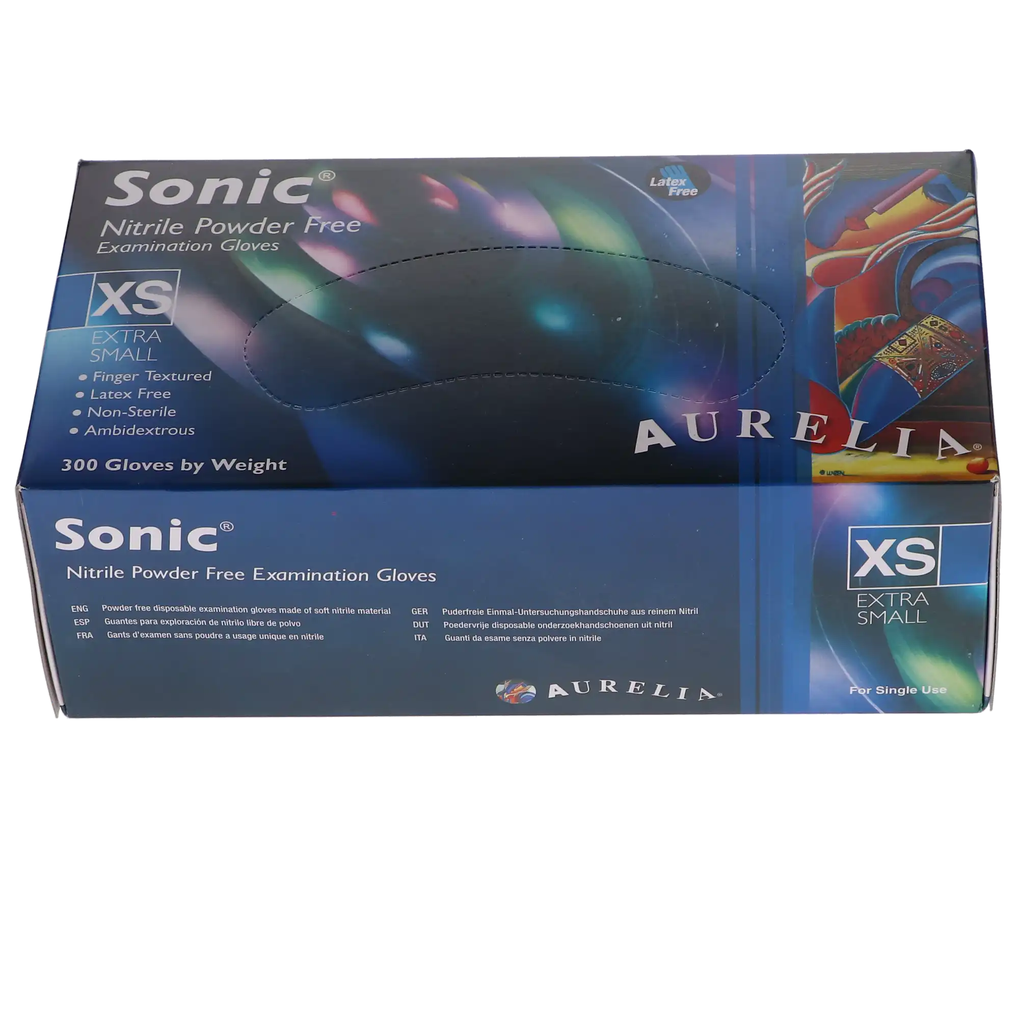 Aurelia Sonic Nitrile Exam Gloves, Powder-Free, Non-Sterile, X-Small, Indigo Blue, Textured Fingertips, 300/Box, 93775
