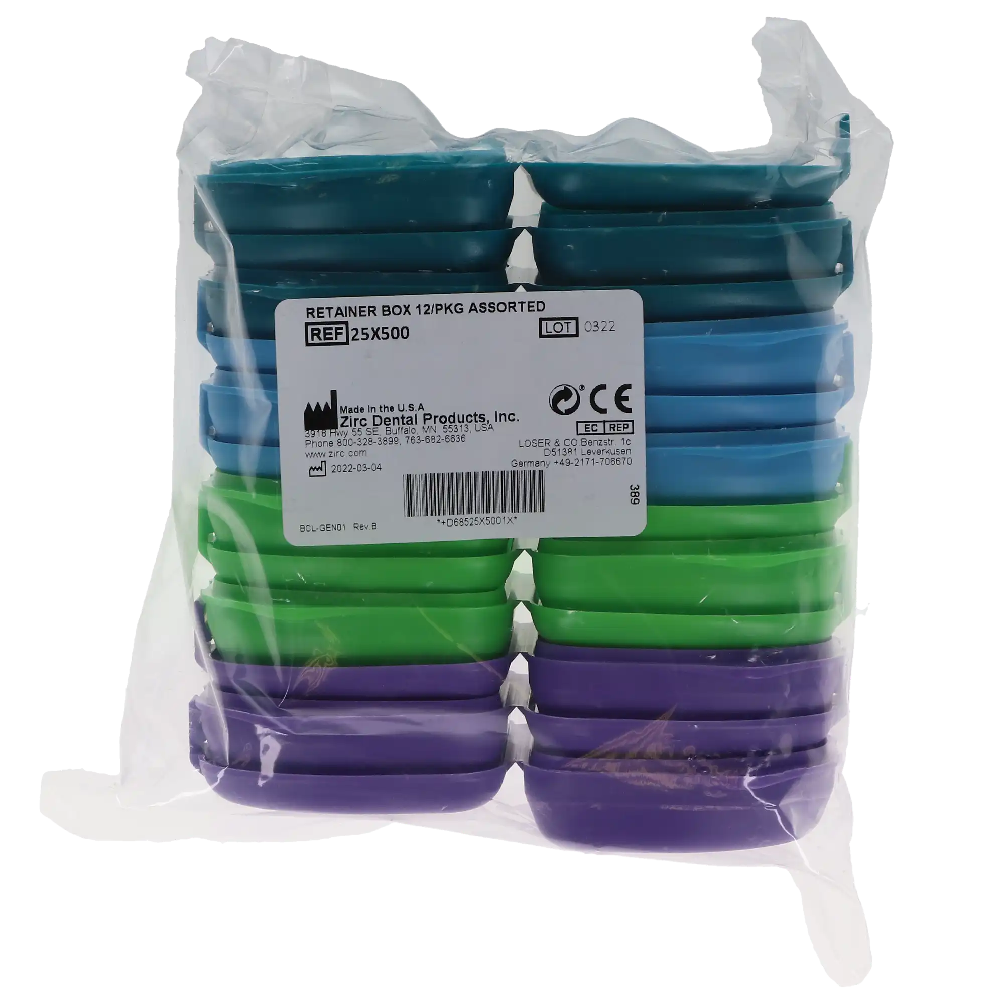 Zirc Dental Retainer Box, 1" Deep, Assorted Colors (Neon Blue, Neon Green, Neon Purple, Teal), 12/Pack, 25R500