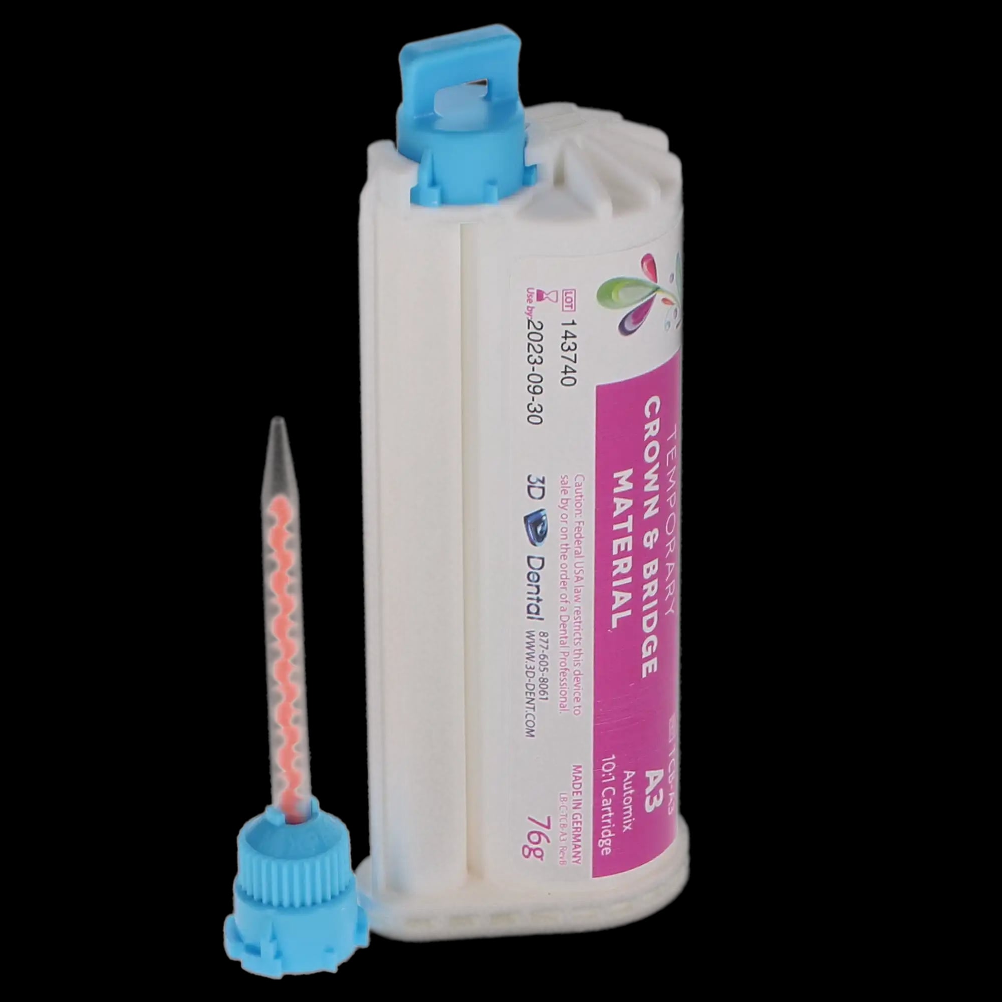 3D Dental Temporary Crown & Bridge Material, Bis-Acryl Composite, 10:1 Automix Cartridge, 76 g (50 mL), Shade A3, TCB-A3