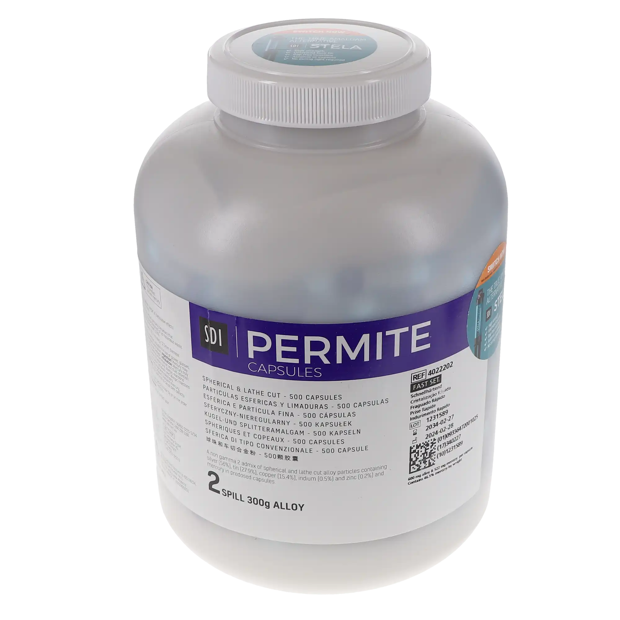 Permite Dispersed Phase Amalgam Capsules, 2 Spill, Fast Set, 600 mg, 500/Jar, Purple/Blue, #4022202