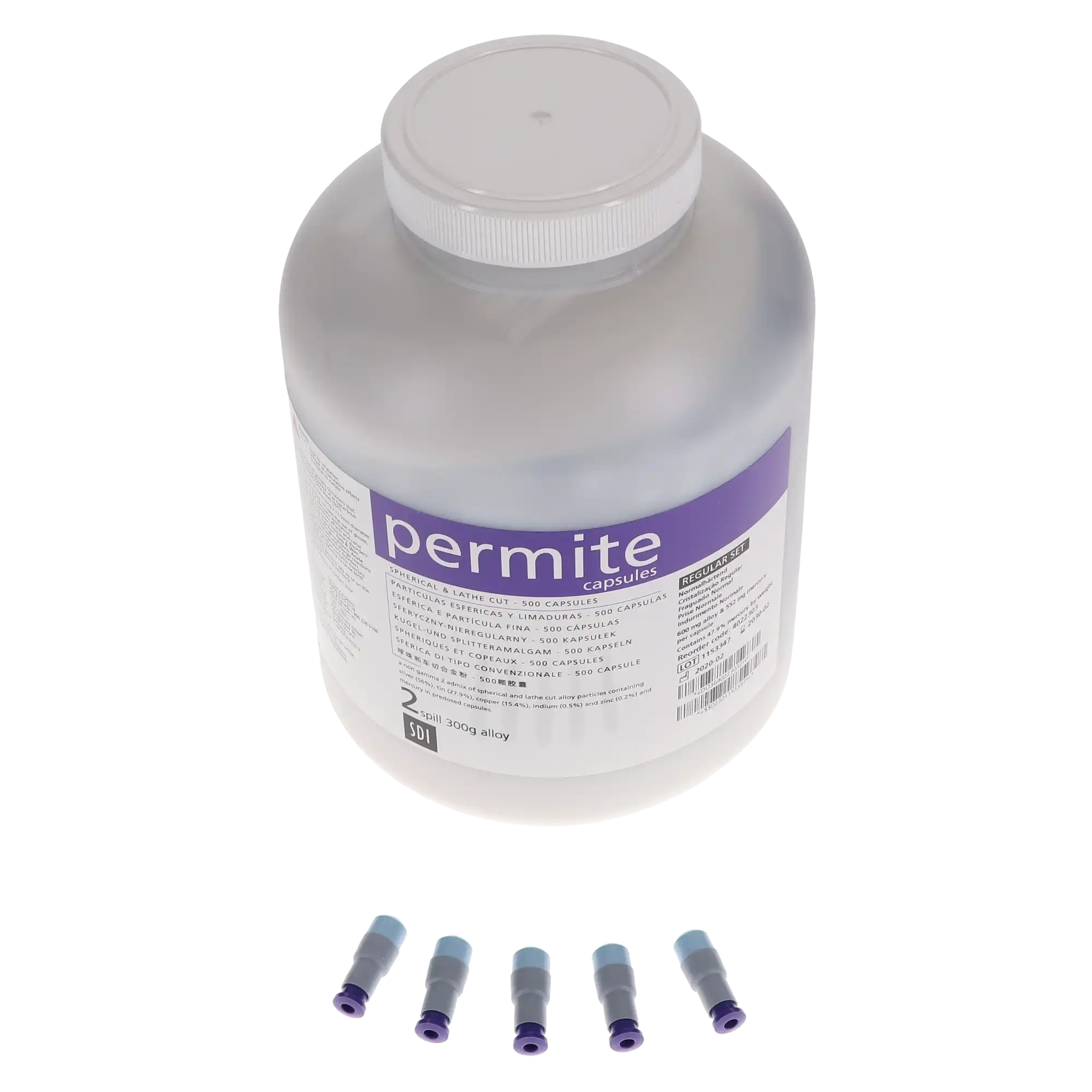 Permite Dispersed Phase Amalgam Capsules, 2 Spill, Regular Set, 600 mg, Purple/Gray, 500/Jar, 4022303