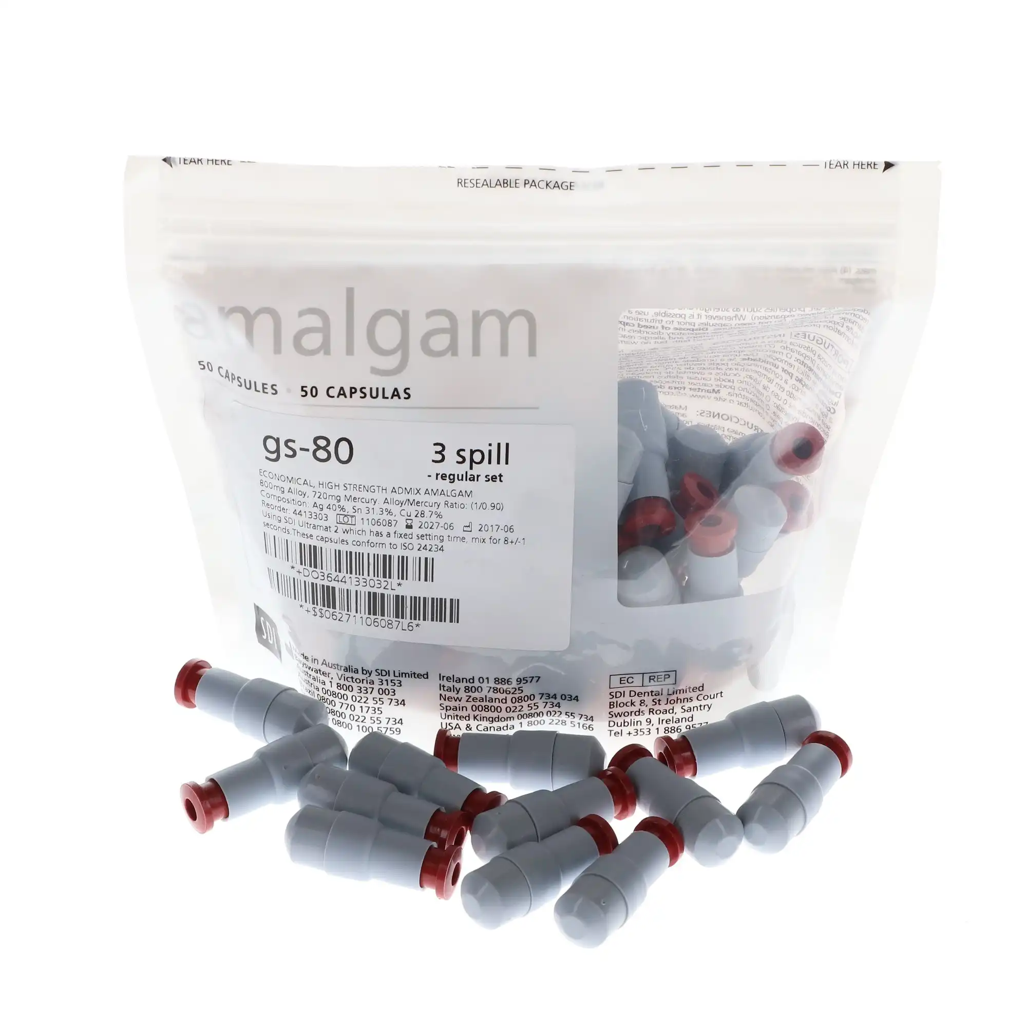 GS-80 Dispersed Phase Amalgam Capsules, 3 Spill, Regular Set, 800 mg, 50/Pk