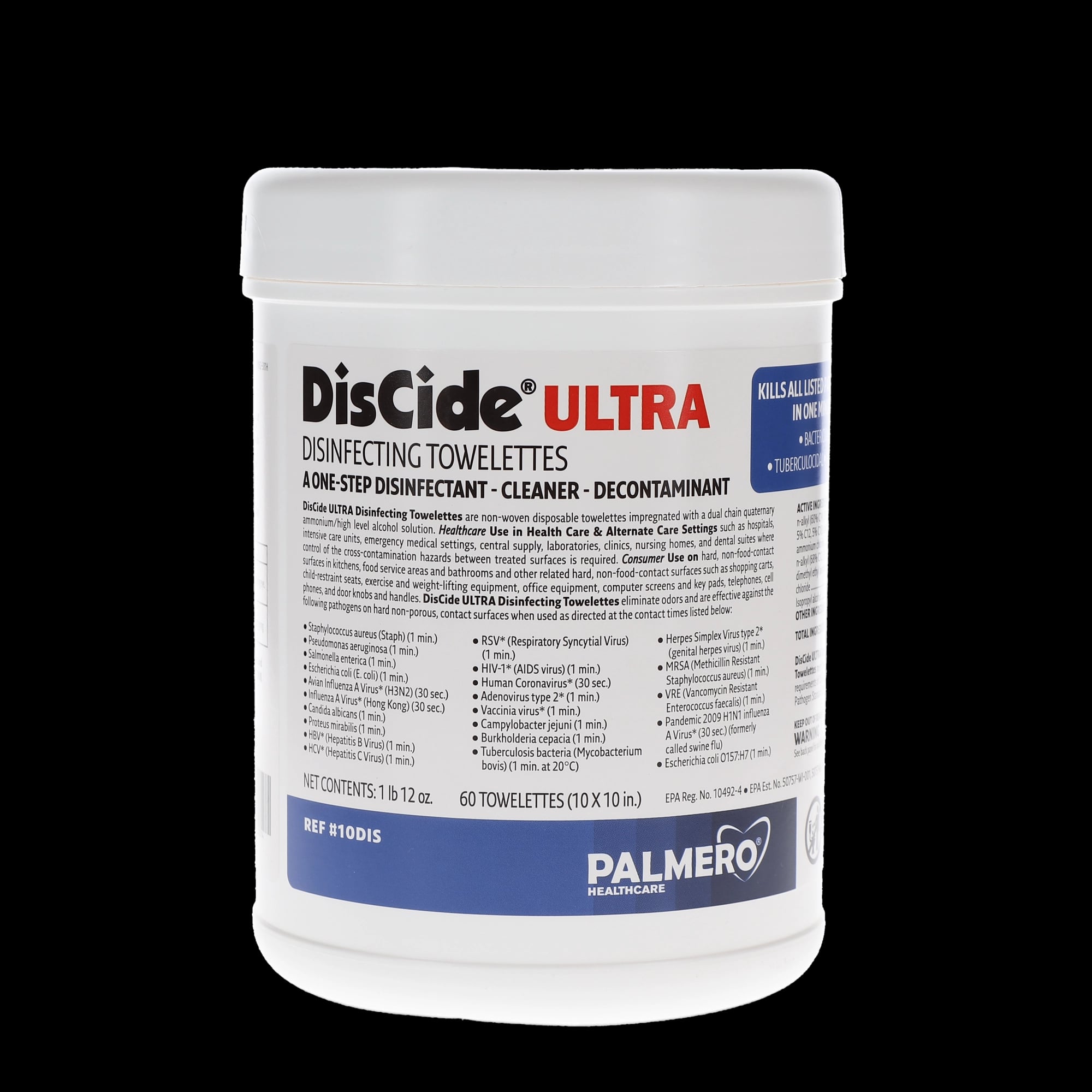 Discide Ultra Disinfecting Wipes, X-Large, 60 Wipes/Canister, 12 Canisters/Case
