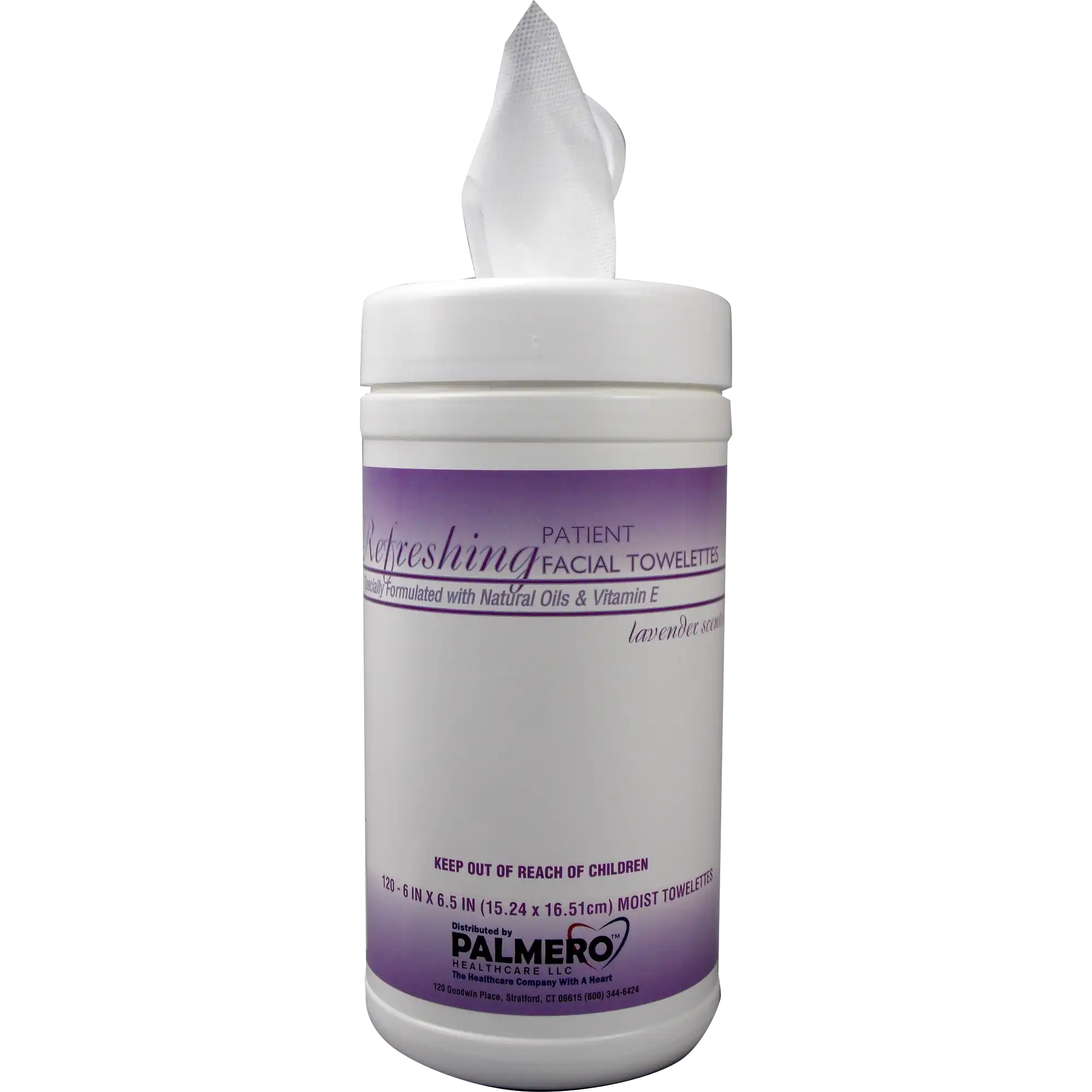 Palmero Health Care Refreshing Patient Facial Towelettes, 6" x 6.75", Lavender Scented, Pre-Saturated with Lanolin, 140/Canister, 3515