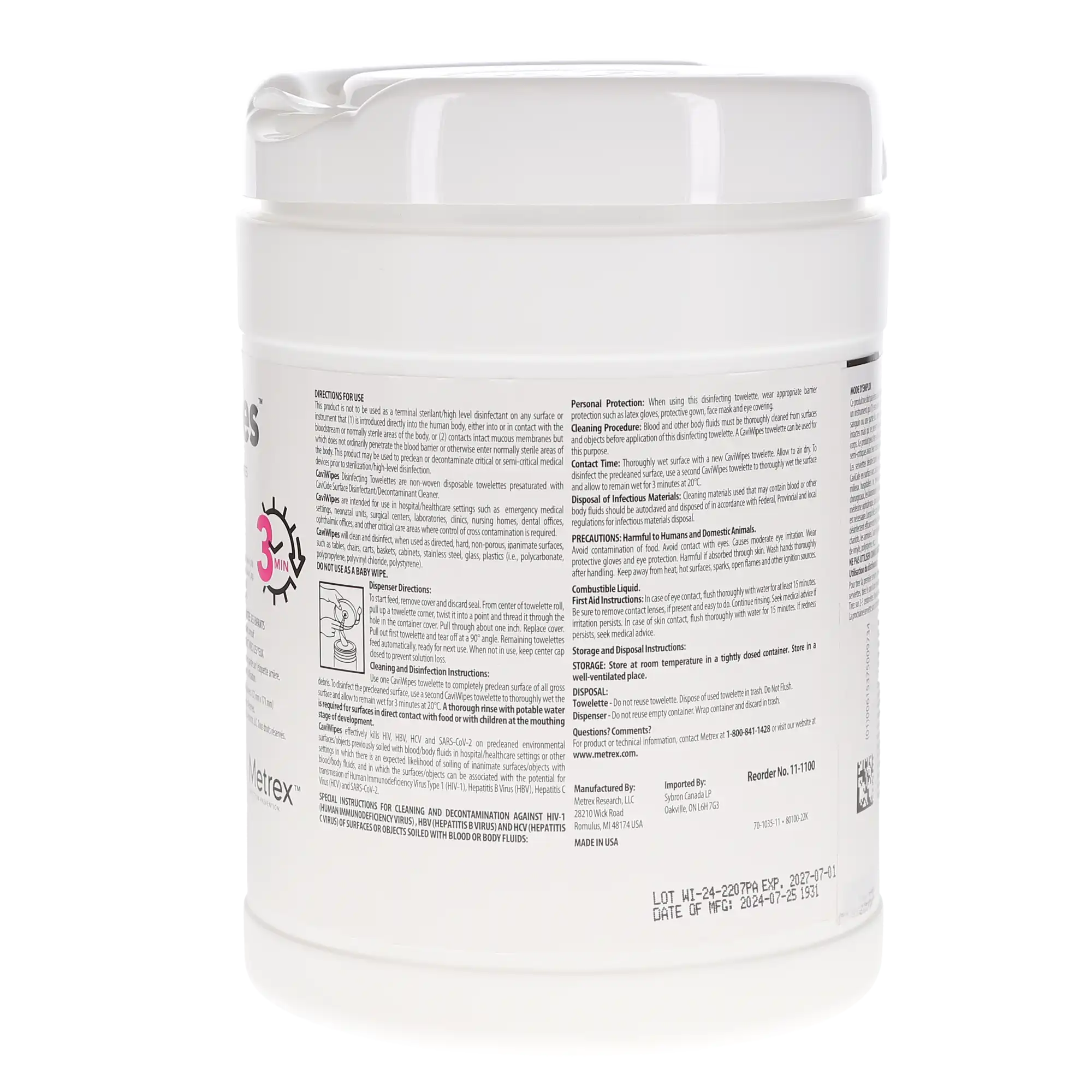 Metrex CaviWipes Large Surface Disinfectant Wipes, 160 Wipes/Canister, 12 Canisters/Case, 13-1100-CS
