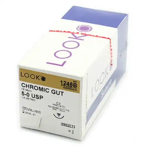 Look 1248B Chromic Gut Suture, 5-0, 18" (45 cm), C-3 Precision Reverse Cutting Needle, 3/8 Circle, 12/Box
